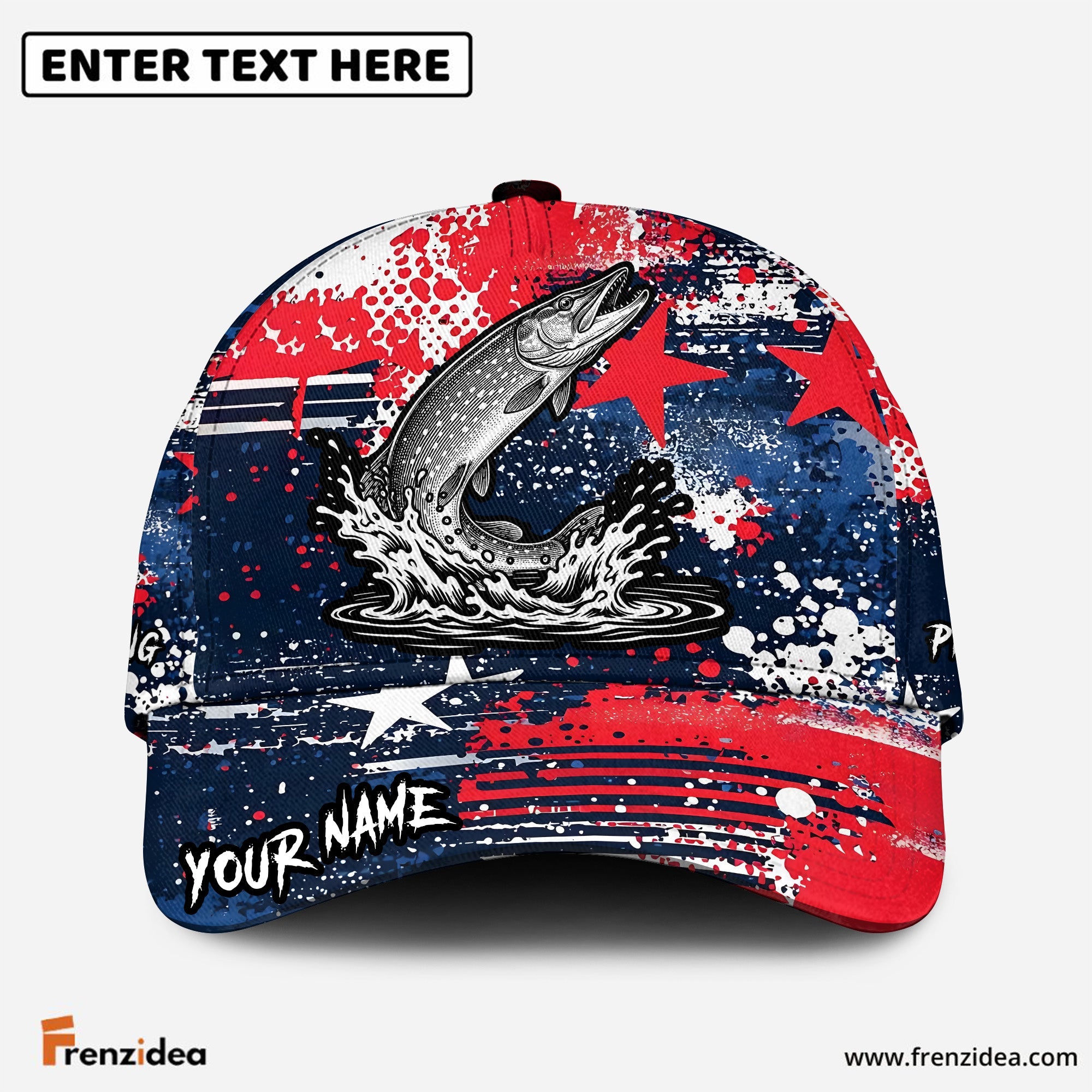 (12 Breeds) Frenzidea Fishing Patriotic Grunge Splatter Customized Name 3D Cap