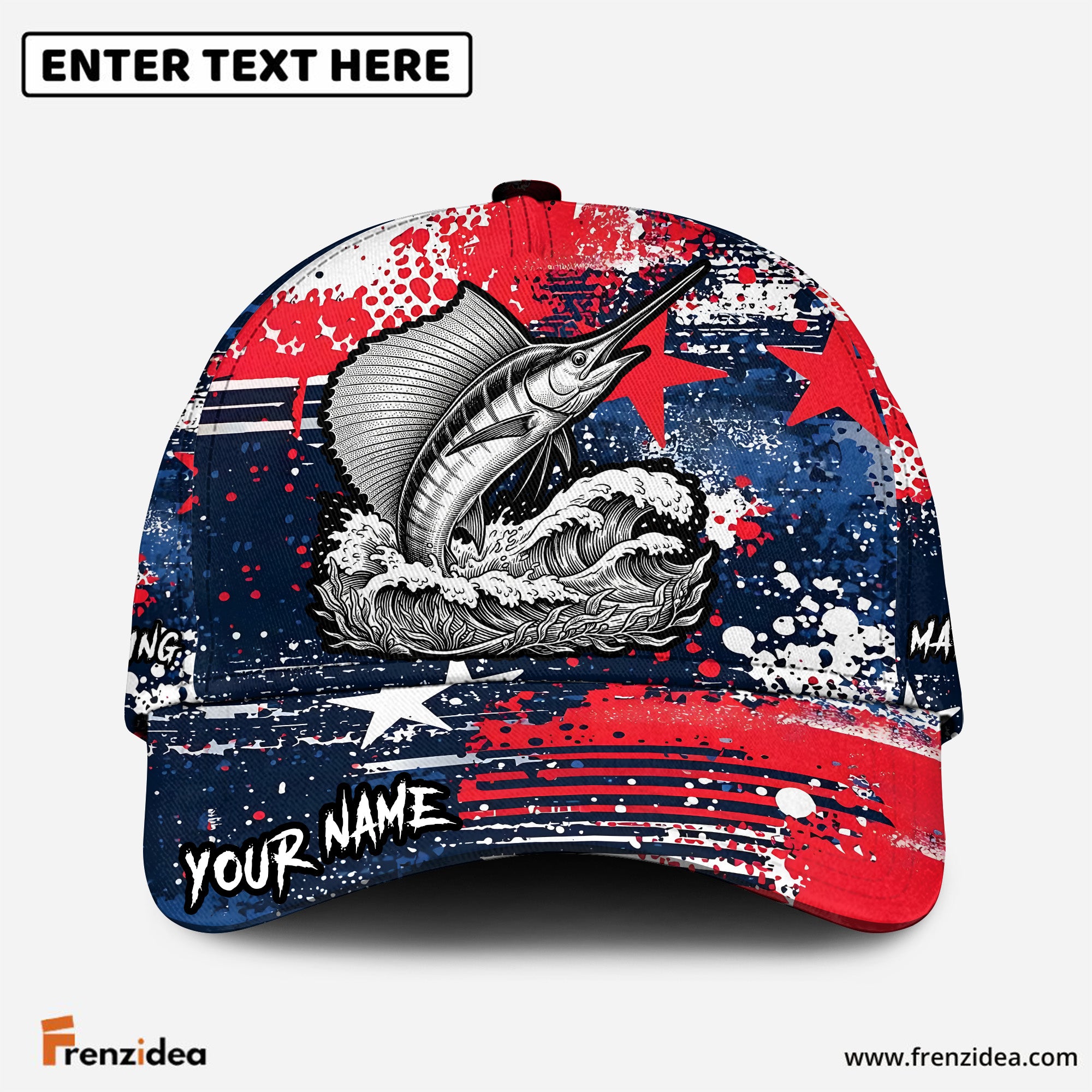(10 Breeds) Frenzidea Patriotic USA Flag Fishing Customized Name 3D Cap