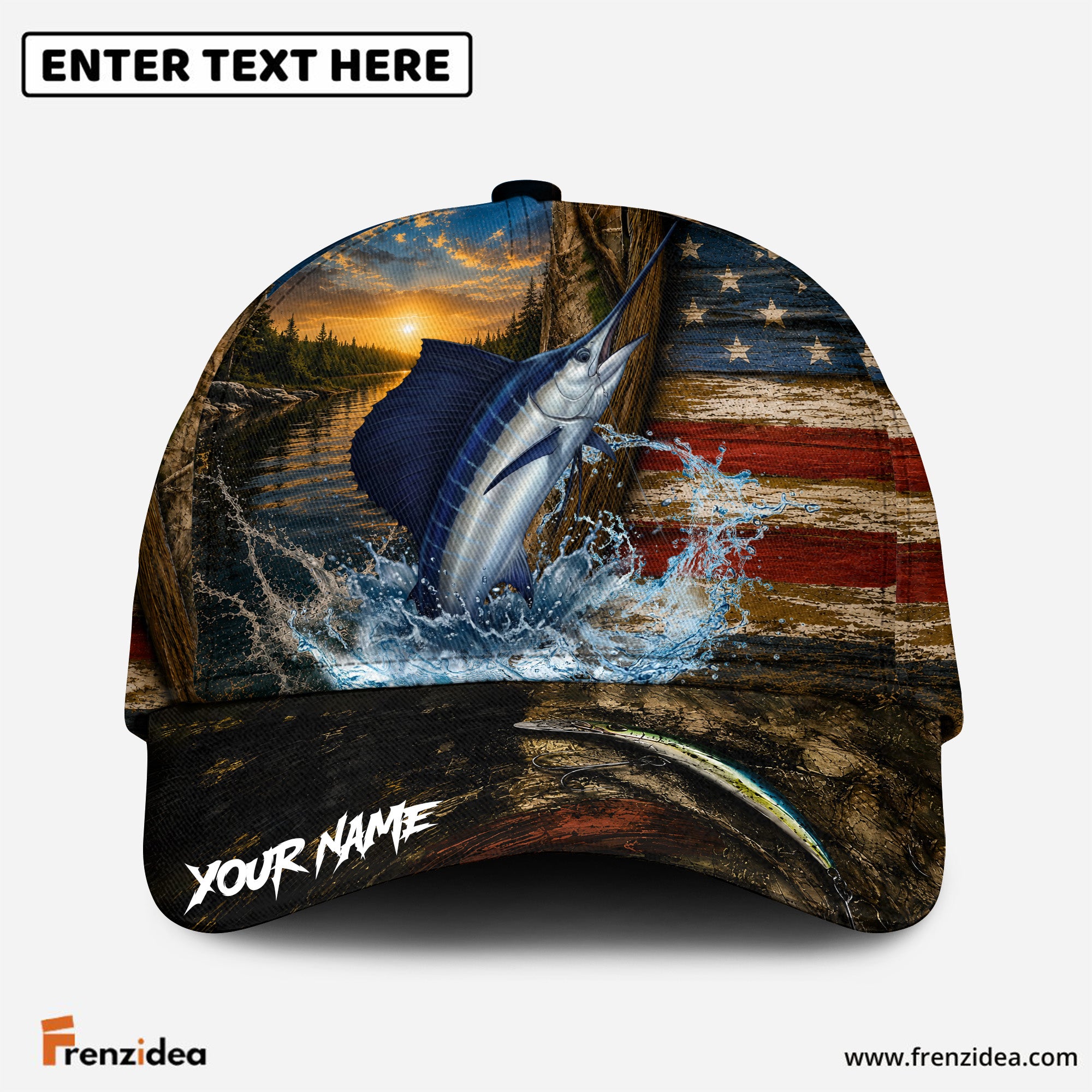(12 Breeds) Frenzidea Patriotic USA Flag Fishing Customized Name 3D Cap