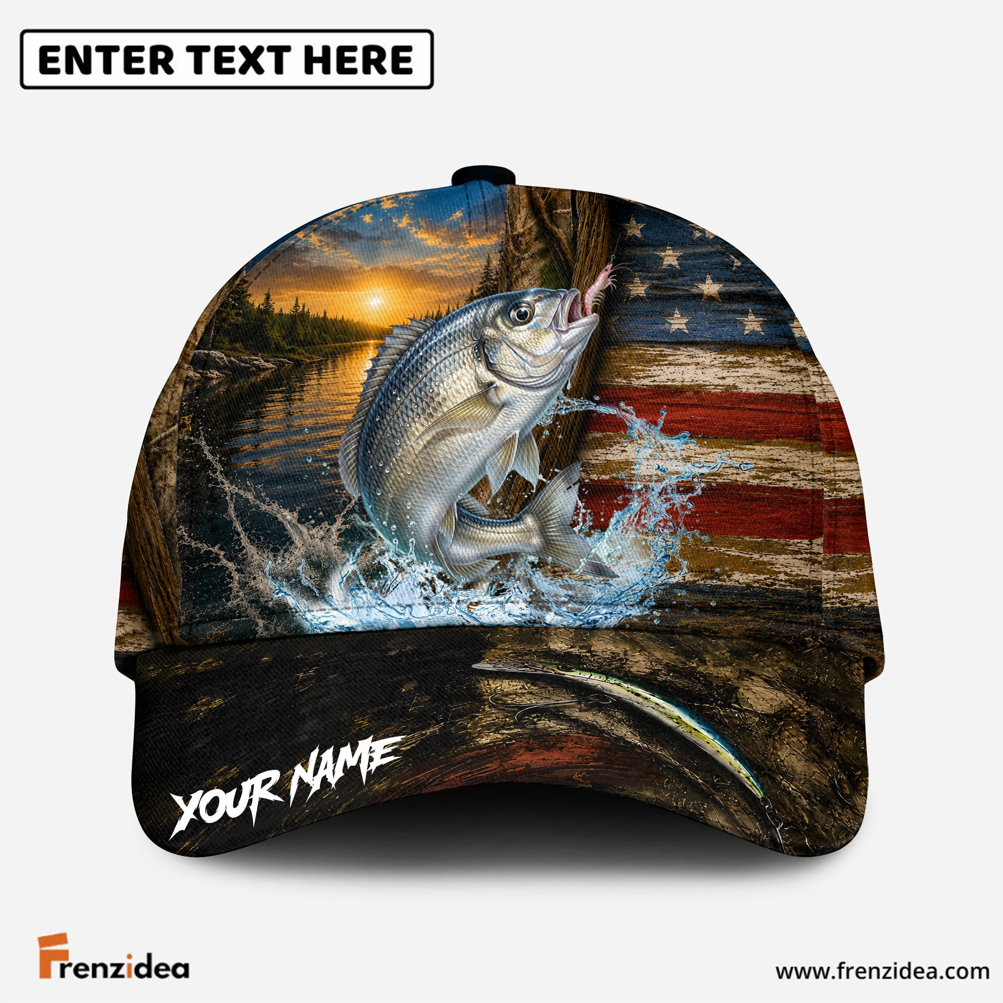 (12 Breeds) Frenzidea Patriotic USA Flag Fishing Customized Name 3D Cap
