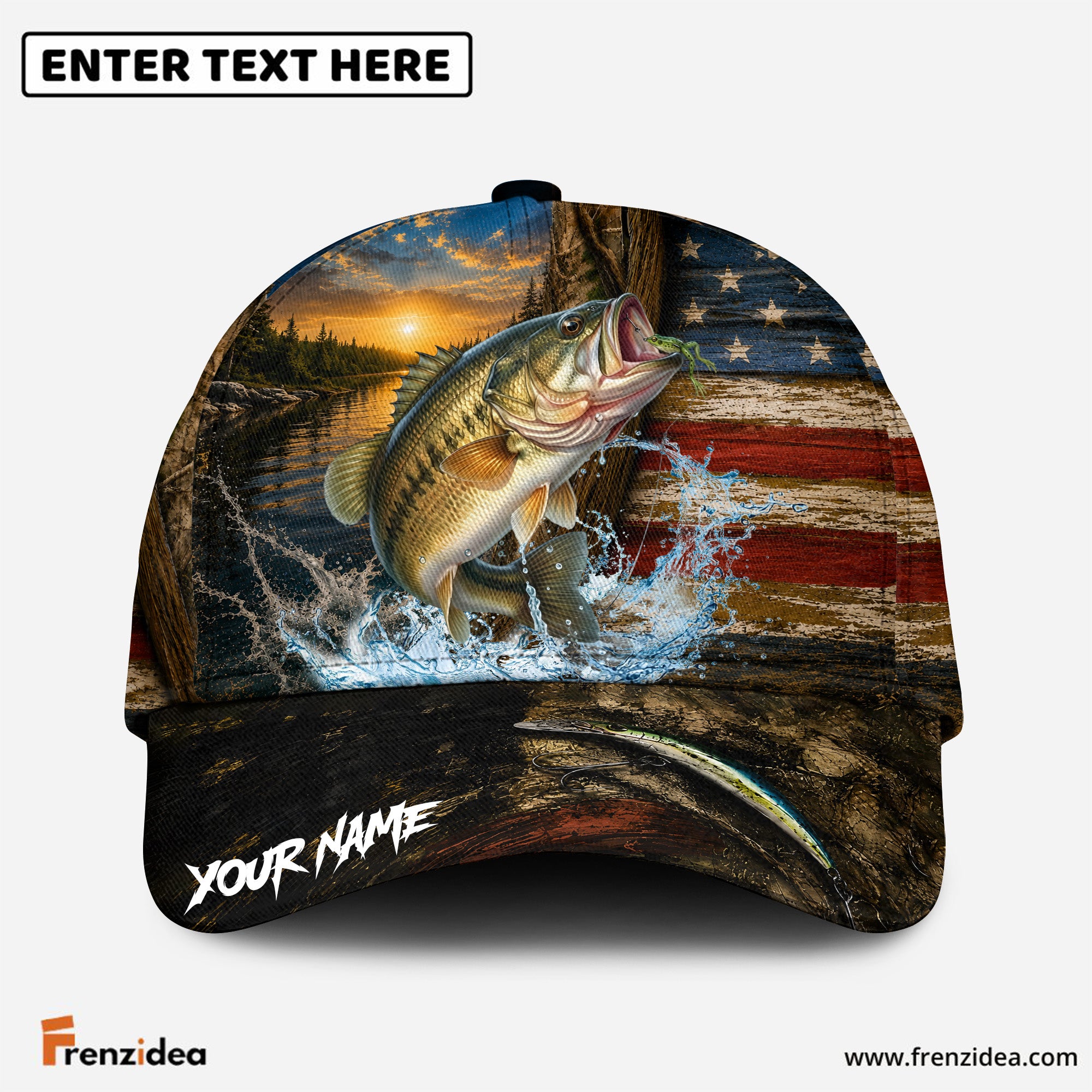 (12 Breeds) Frenzidea Patriotic USA Flag Fishing Customized Name 3D Cap