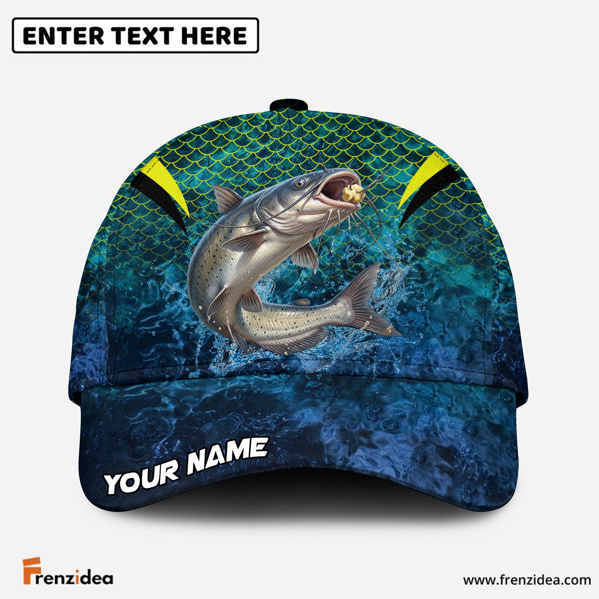 (12 Breeds) Frenzidea Vibrant Fish Scale Pattern Fishing Customized Name 3D Cap