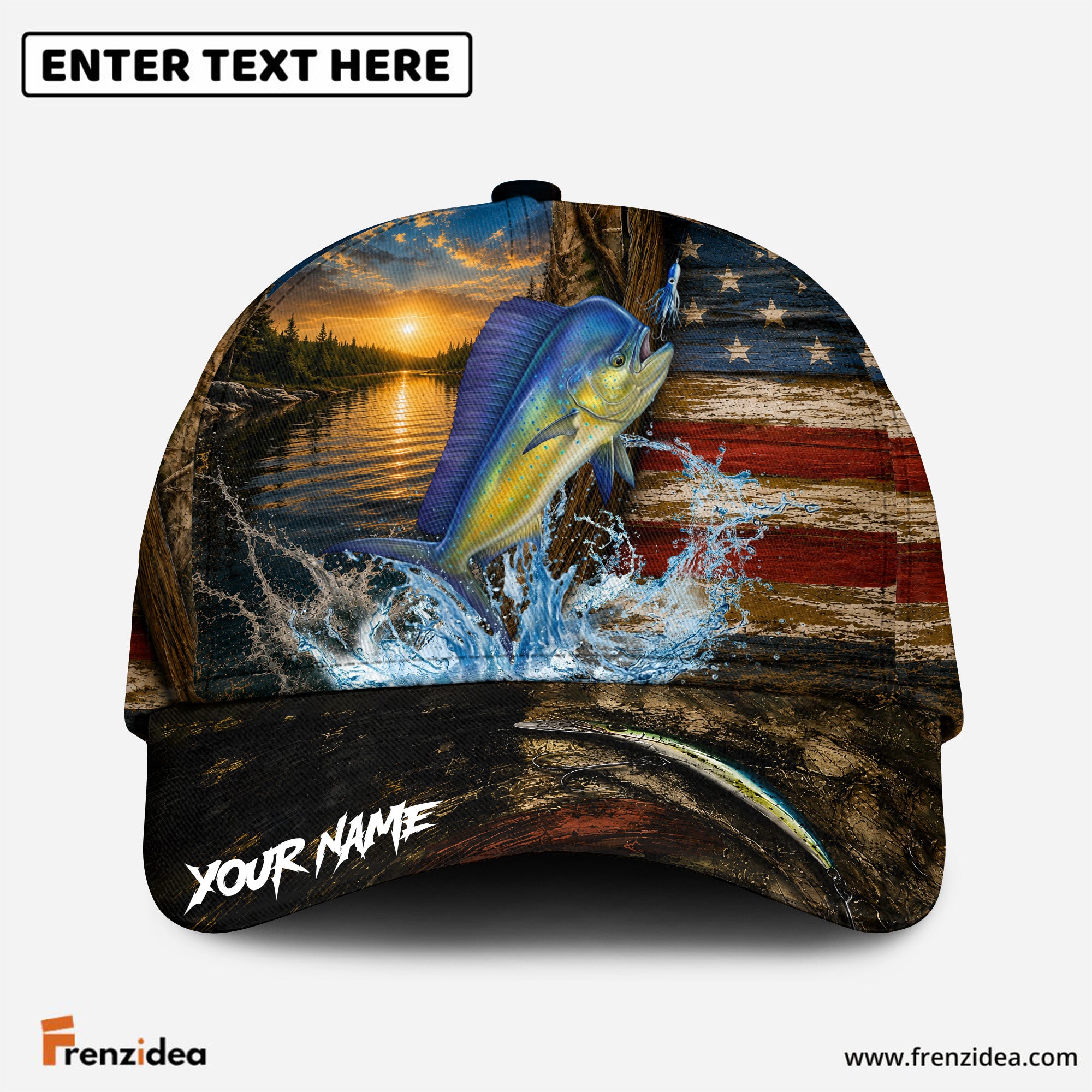 (12 Breeds) Frenzidea Patriotic USA Flag Fishing Customized Name 3D Cap