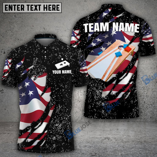 Frenzidea Cornhole American Flag Black Personalized Name, Team Name Shirt
