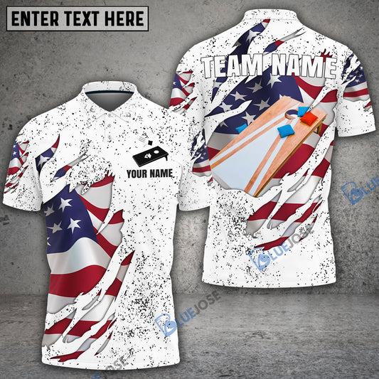 Frenzidea Cornhole American Flag White Personalized Name, Team Name Shirt