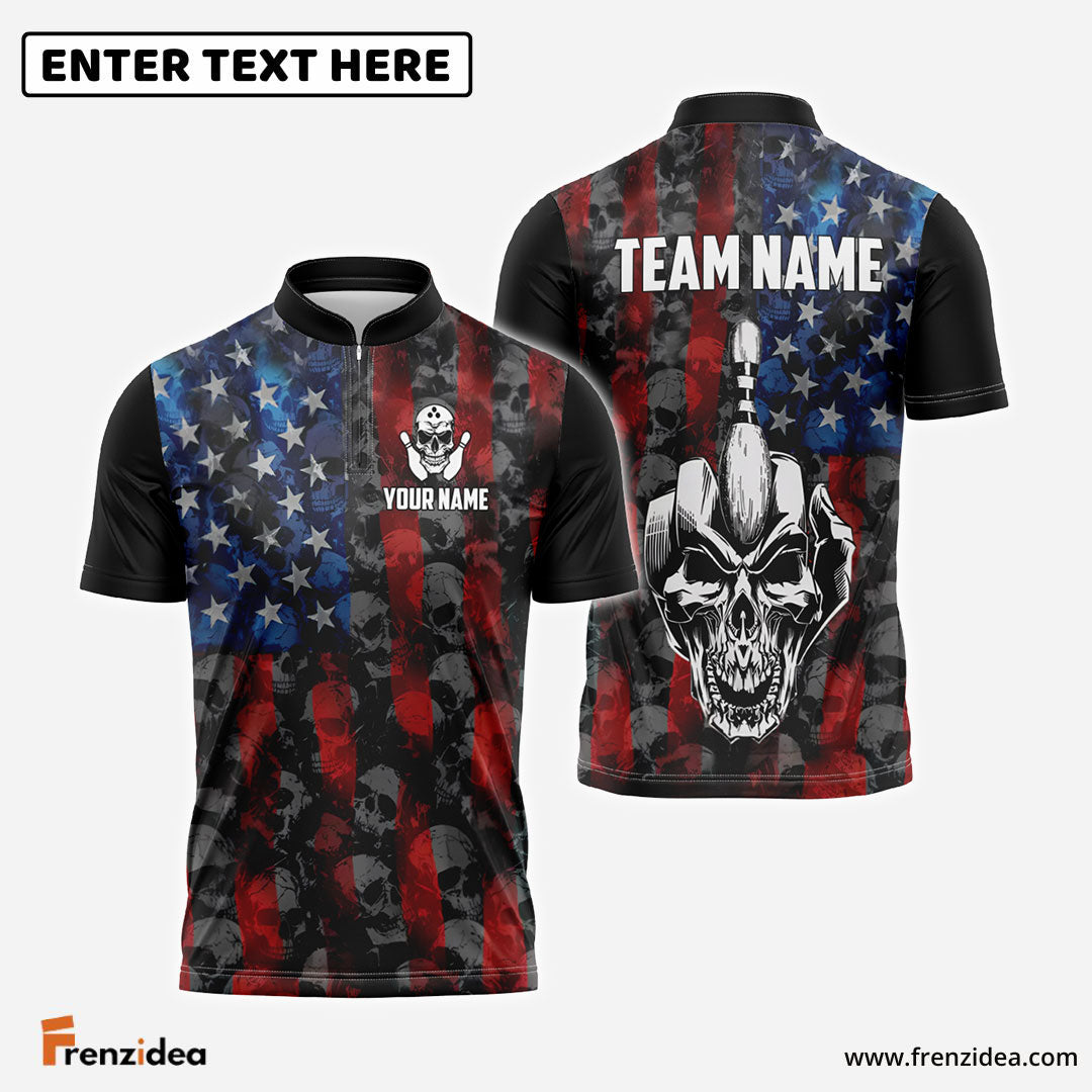 Frenzidea Bowling American Flag Skull Middle Finger Personalized Shirt