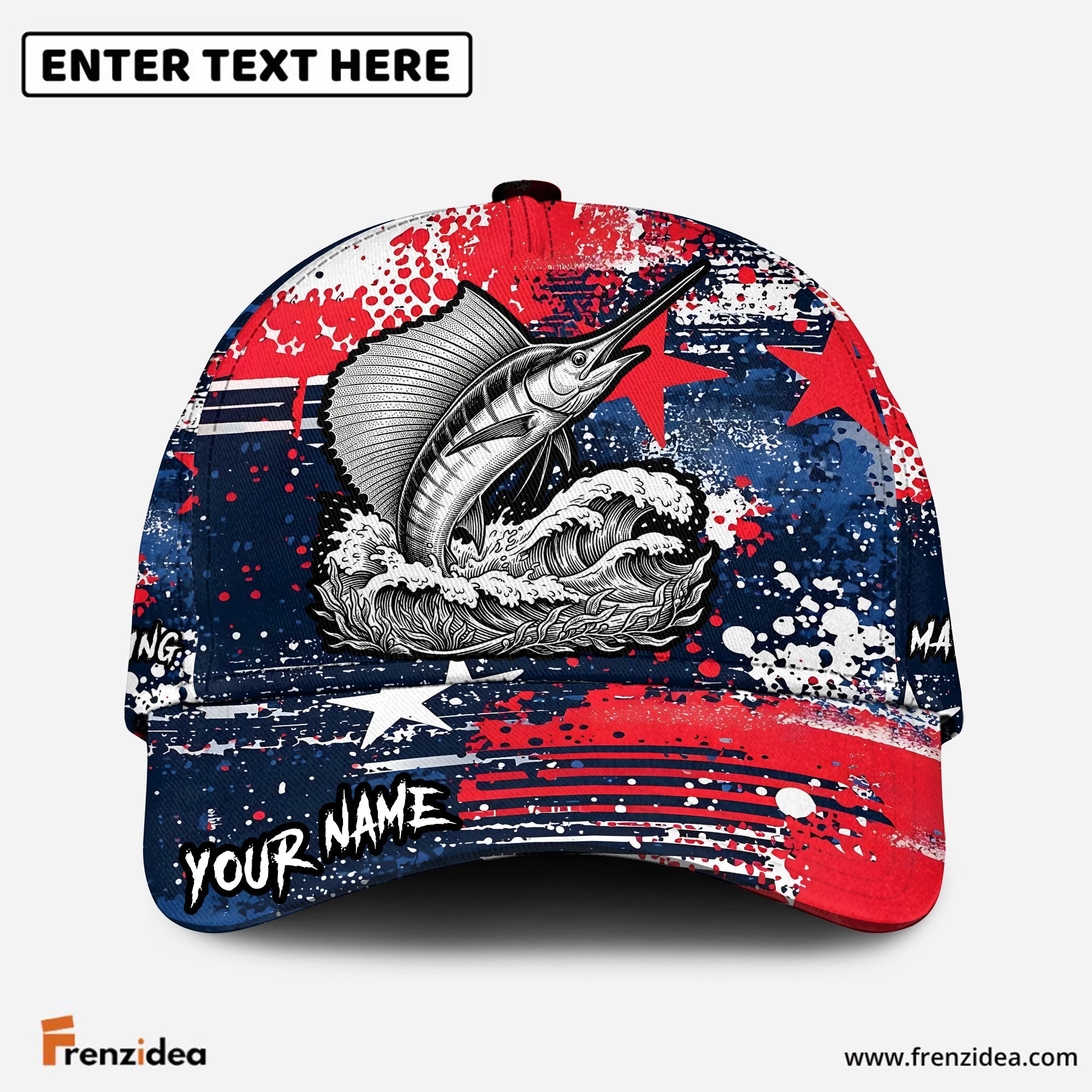 (12 Breeds) Frenzidea Fishing Patriotic Grunge Splatter Customized Name 3D Cap
