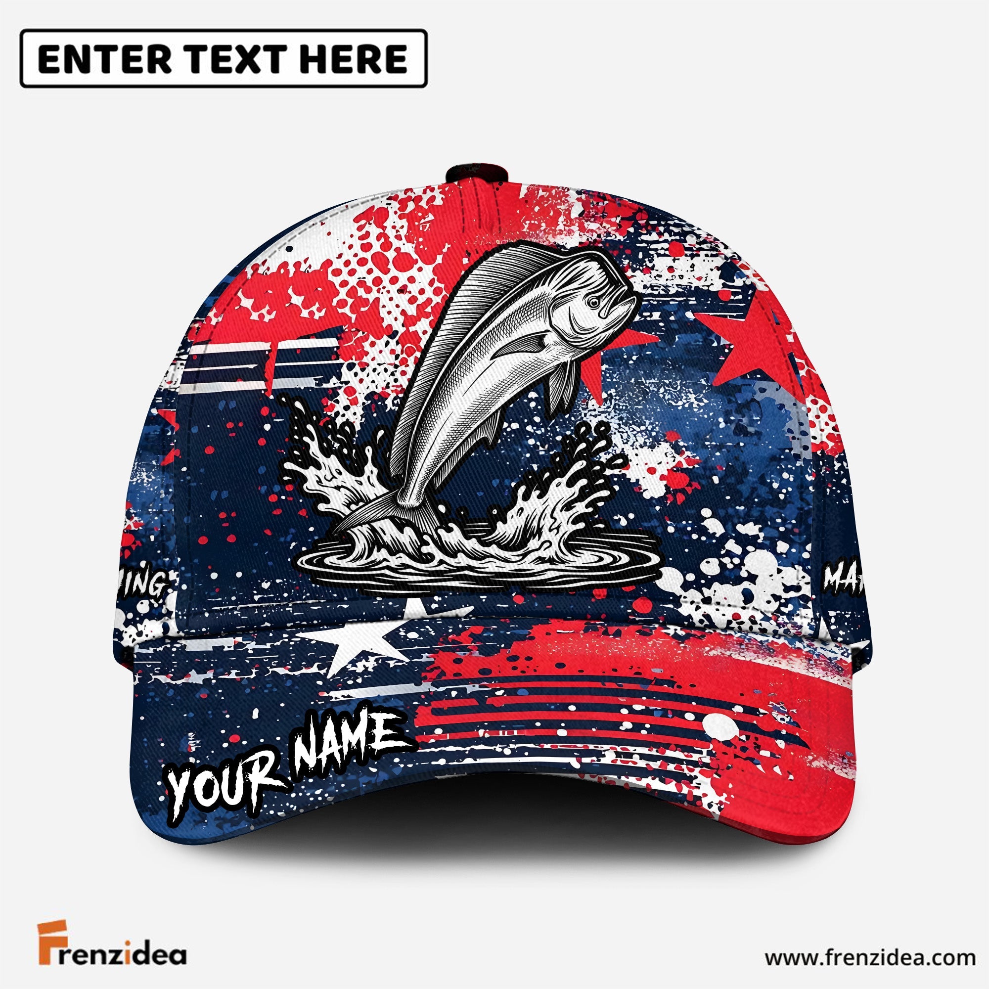 (12 Breeds) Frenzidea Fishing Patriotic Grunge Splatter Customized Name 3D Cap