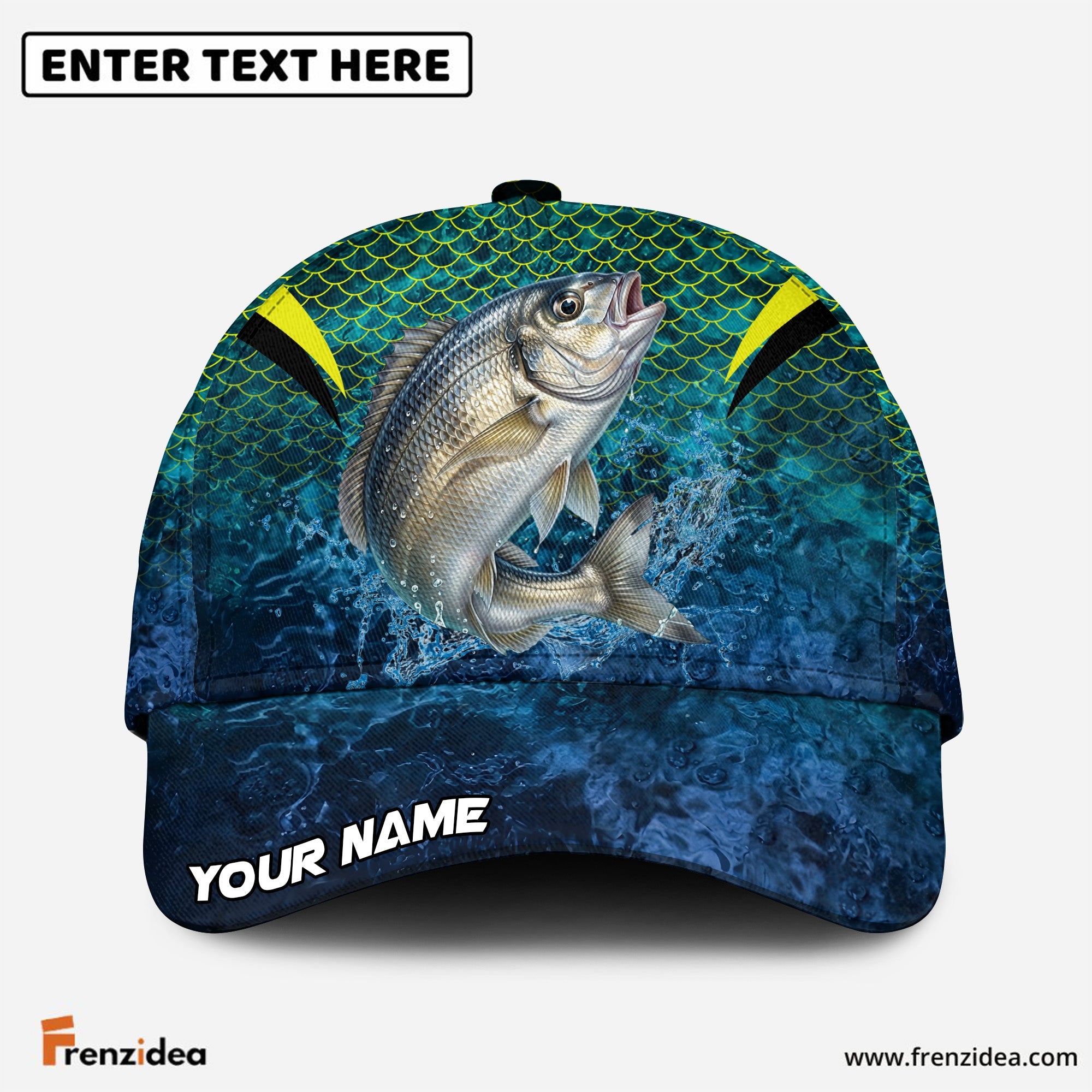 (12 Breeds) Frenzidea Emerald Fish Scale Fishing Customized Name 3D Cap