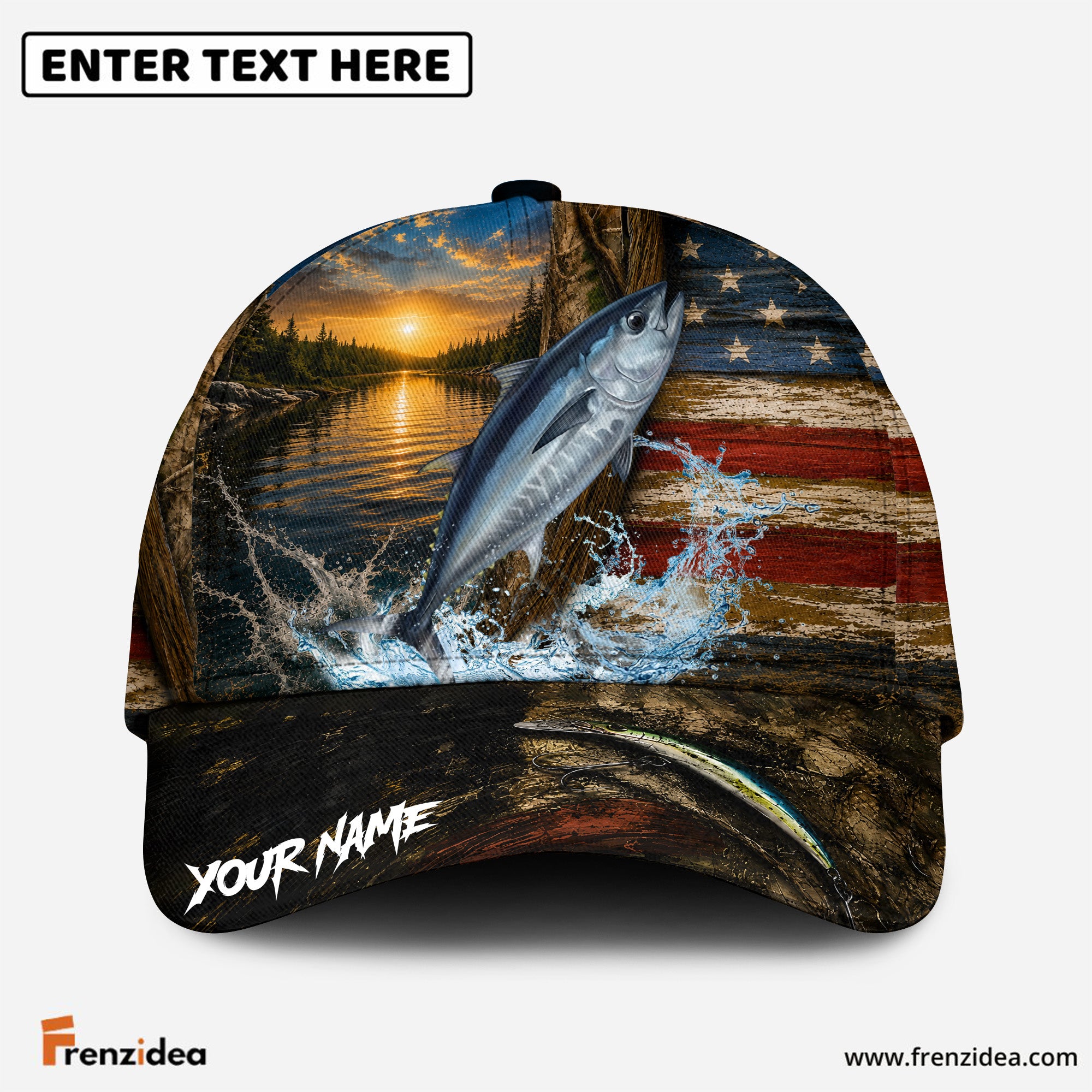 (12 Breeds) Frenzidea Patriotic USA Flag Fishing Customized Name 3D Cap