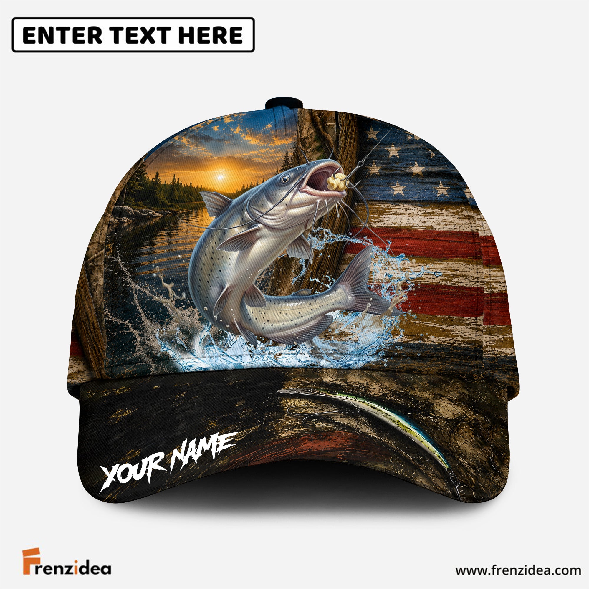 (12 Breeds) Frenzidea Patriotic USA Flag Fishing Customized Name 3D Cap