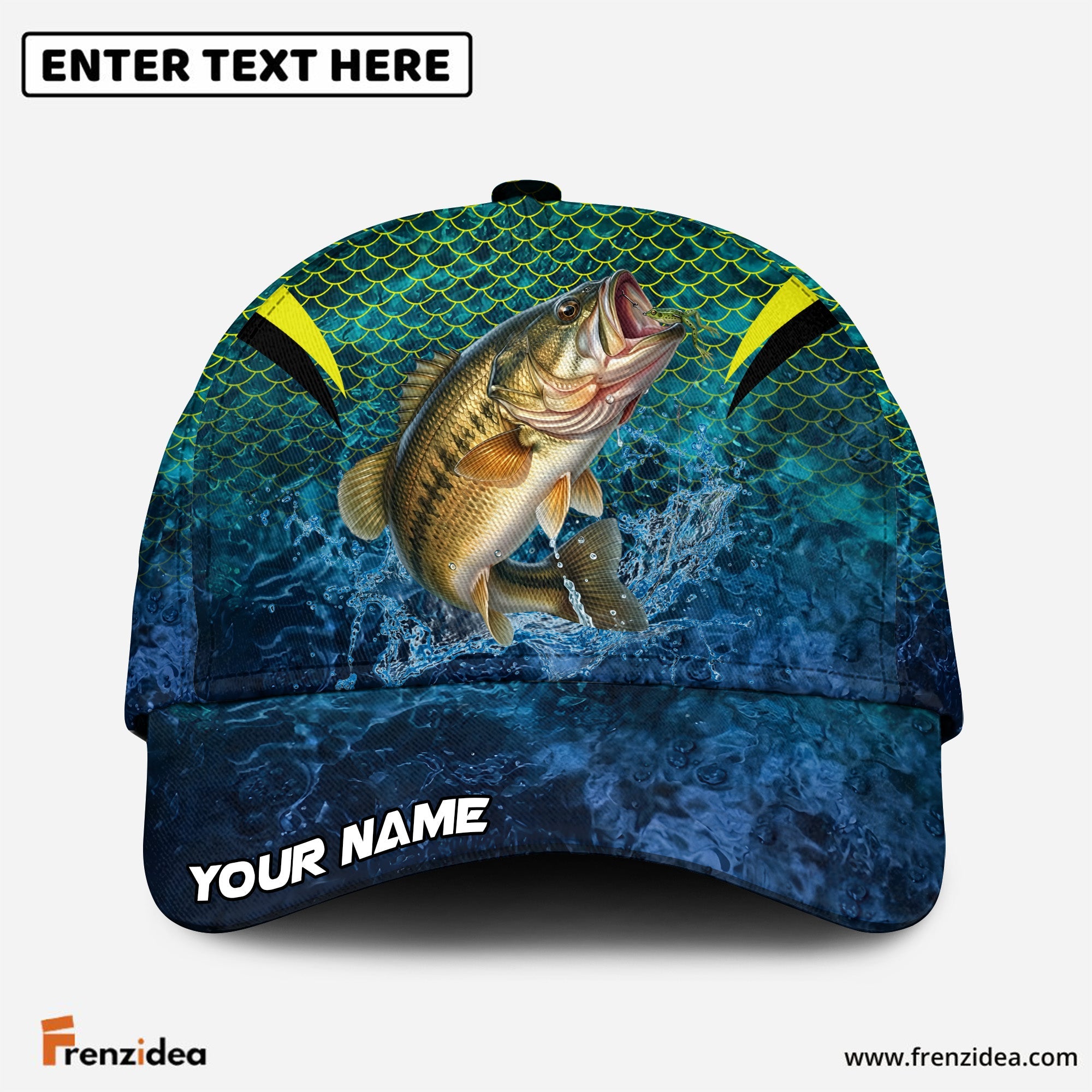 (12 Breeds) Frenzidea Emerald Fish Scale Fishing Customized Name 3D Cap