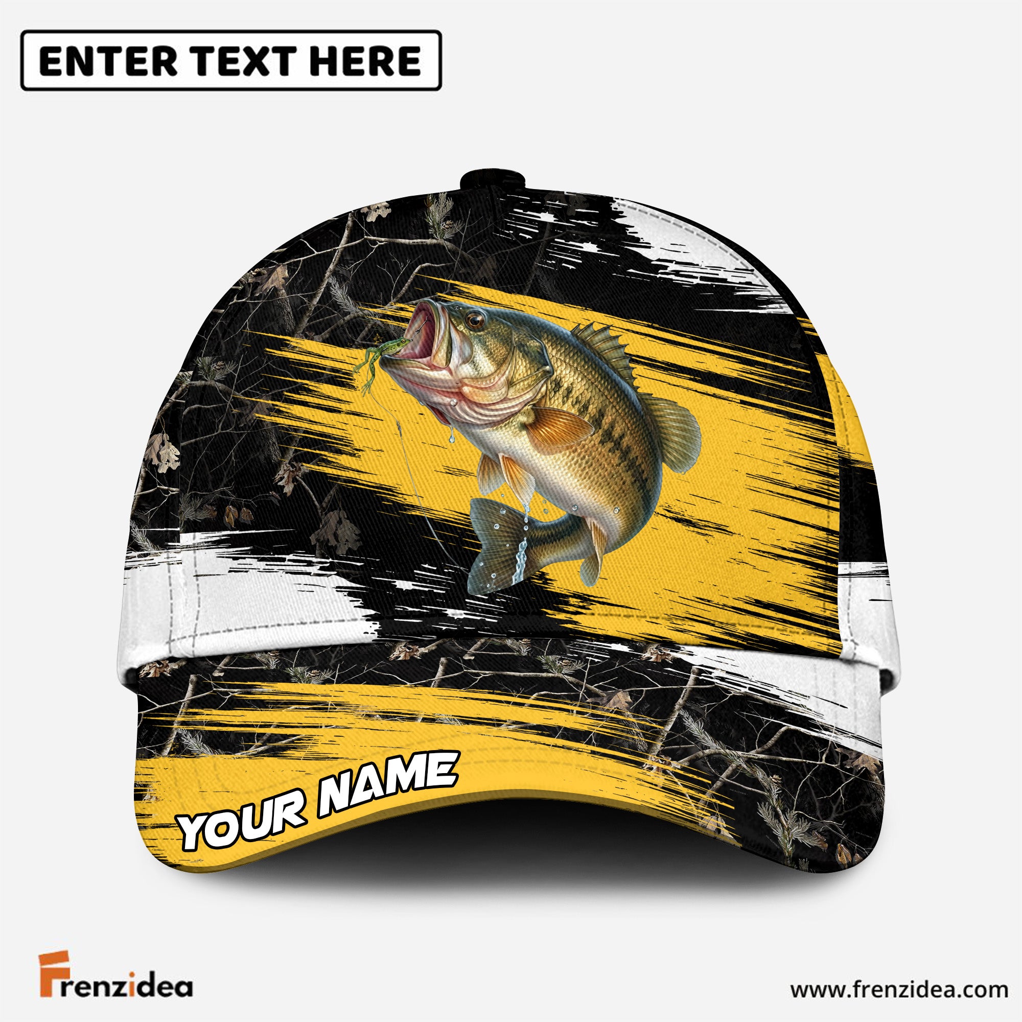 (12 Breeds) Frenzidea Dynamic Yellow Stripe Fishing Customized Name 3D Cap