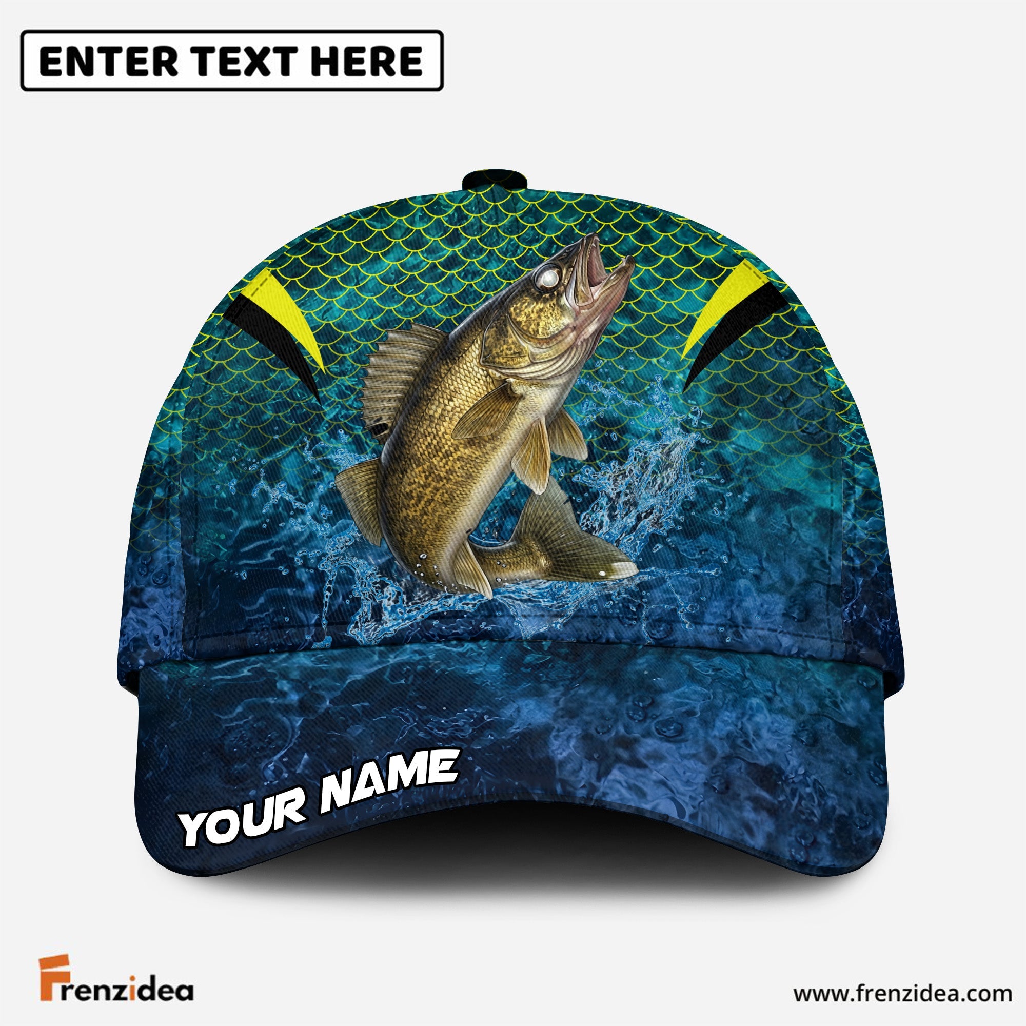 (12 Breeds) Frenzidea Emerald Fish Scale Fishing Customized Name 3D Cap