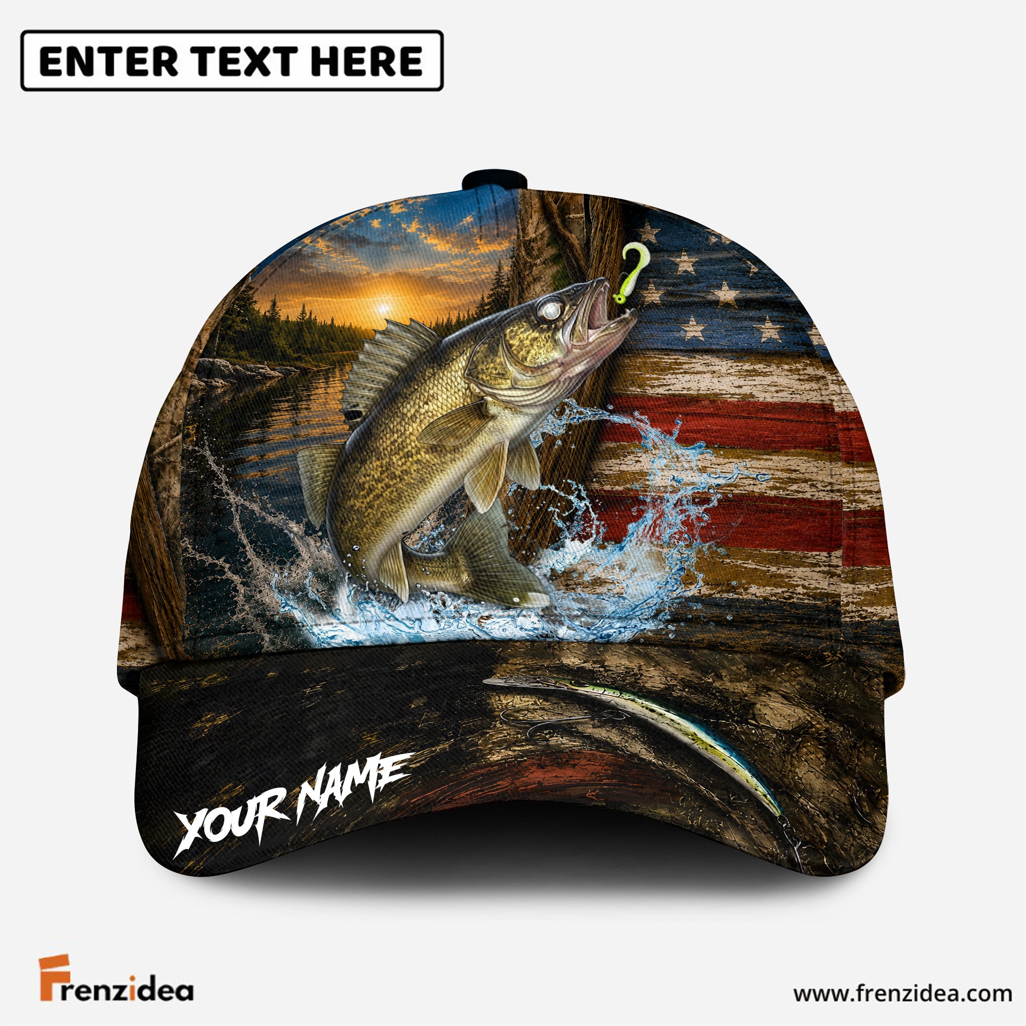 (12 Breeds) Frenzidea Patriotic USA Flag Fishing Customized Name 3D Cap