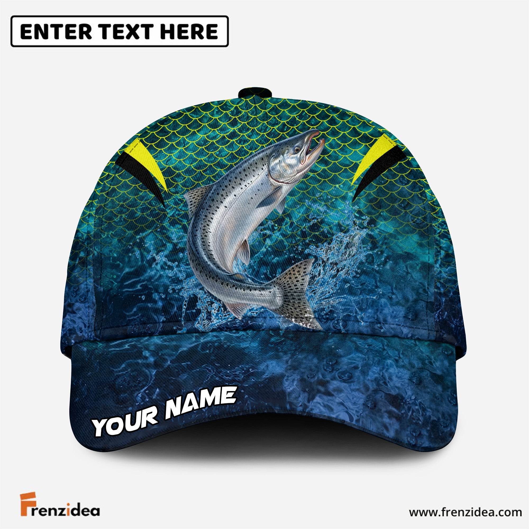 (12 Breeds) Frenzidea Emerald Fish Scale Fishing Customized Name 3D Cap
