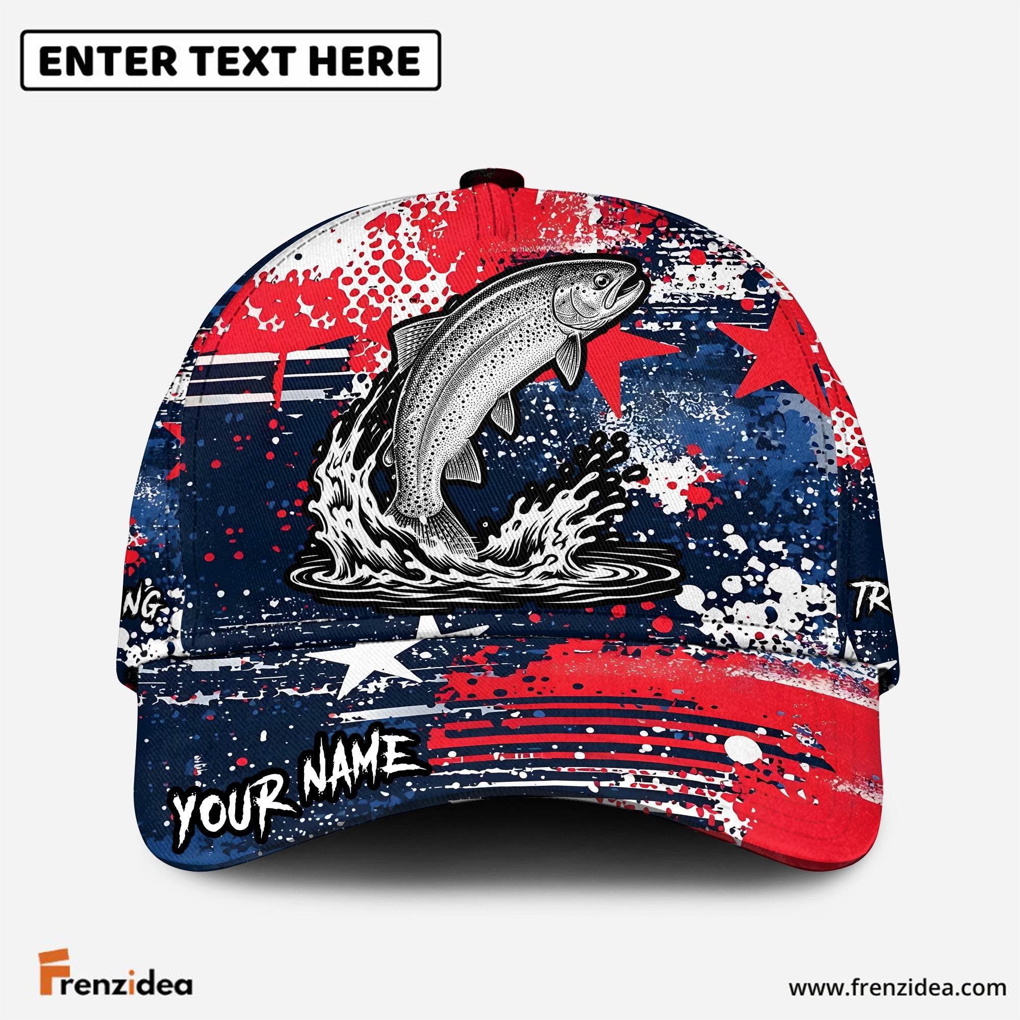 (12 Breeds) Frenzidea Fishing Patriotic Grunge Splatter Customized Name 3D Cap