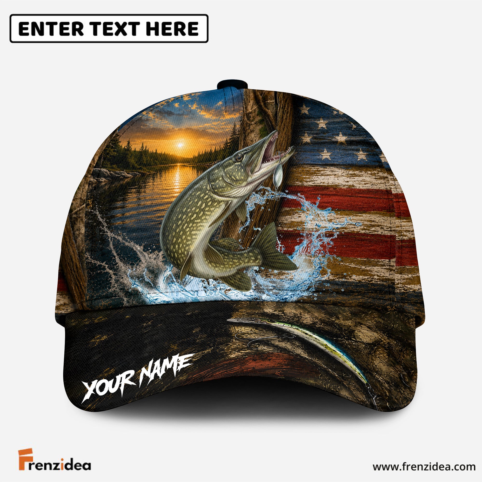 (12 Breeds) Frenzidea Patriotic USA Flag Fishing Customized Name 3D Cap