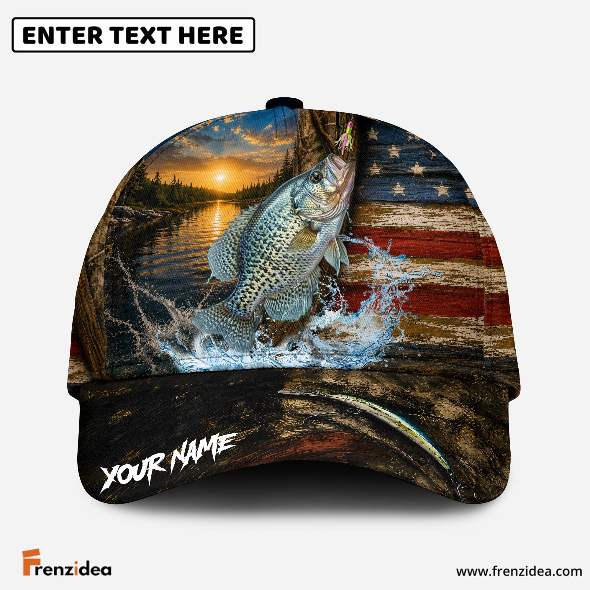 (12 Breeds) Frenzidea Patriotic USA Flag Fishing Customized Name 3D Cap