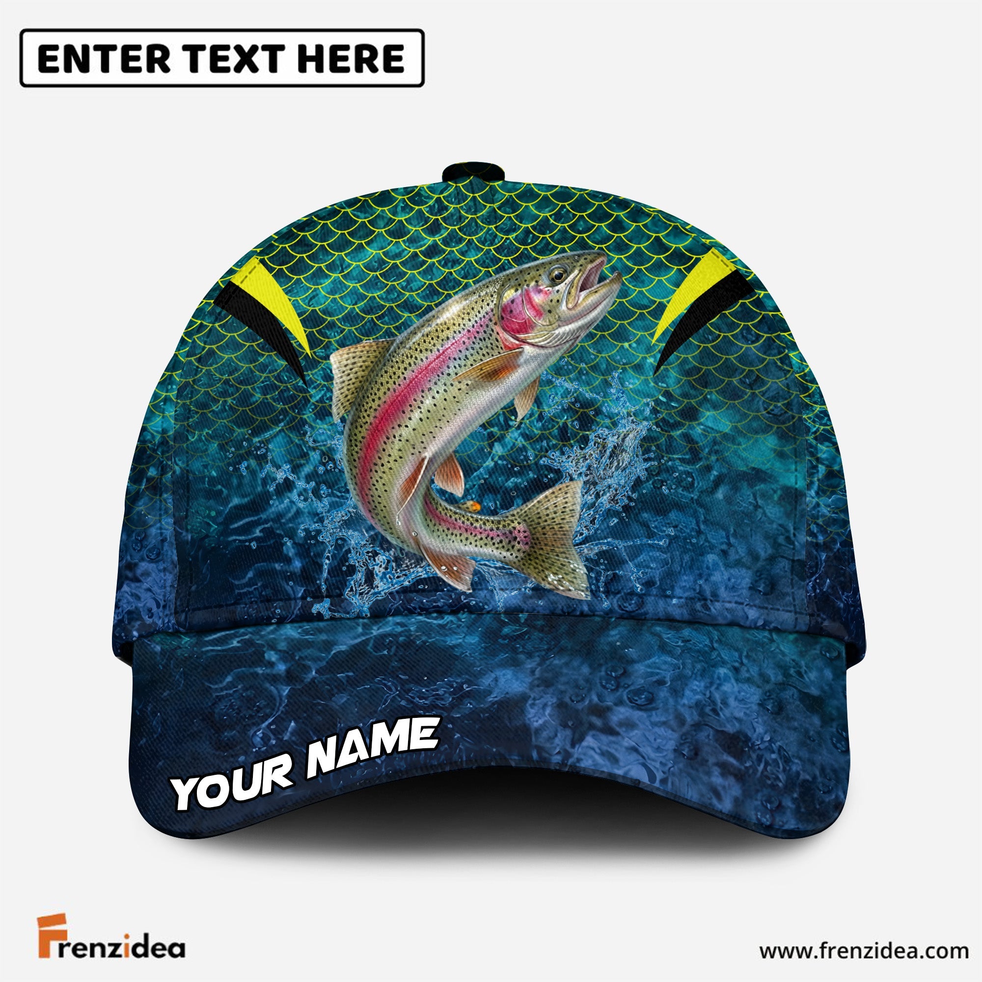 (12 Breeds) Frenzidea Emerald Fish Scale Fishing Customized Name 3D Cap