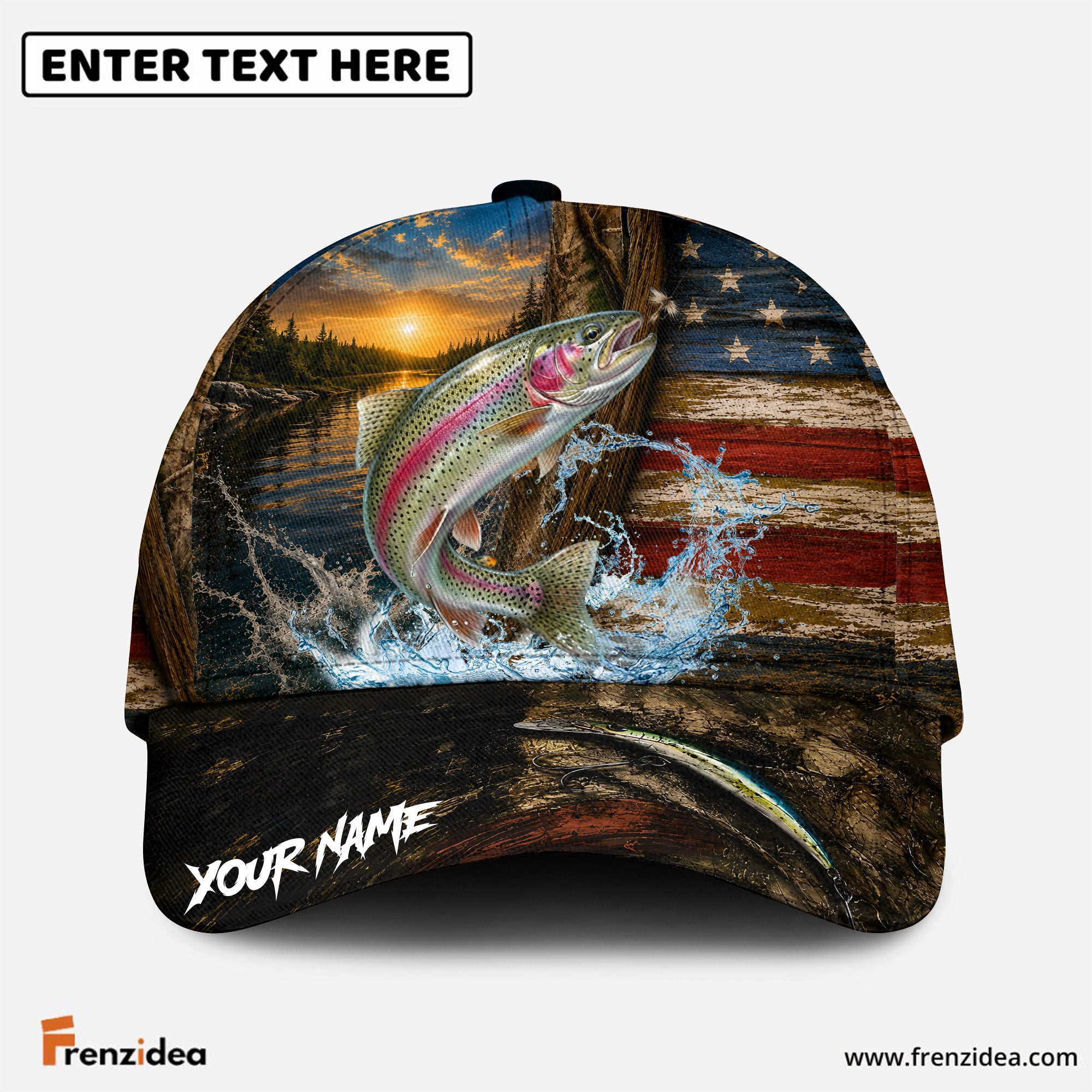 (12 Breeds) Frenzidea Patriotic USA Flag Fishing Customized Name 3D Cap