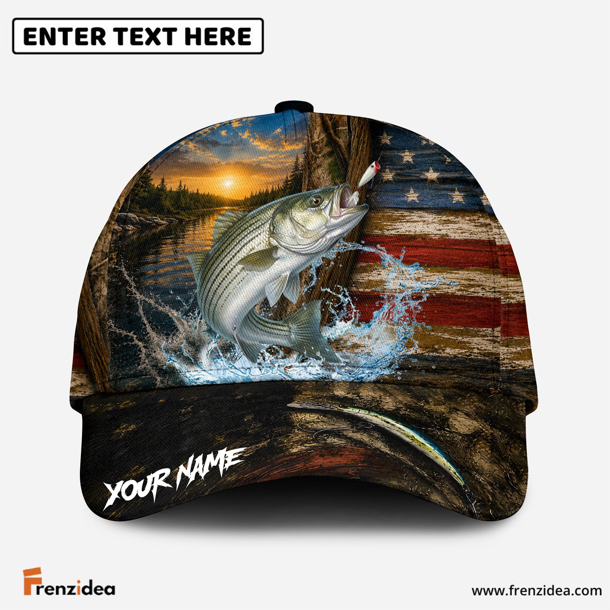 (12 Breeds) Frenzidea Patriotic USA Flag Fishing Customized Name 3D Cap