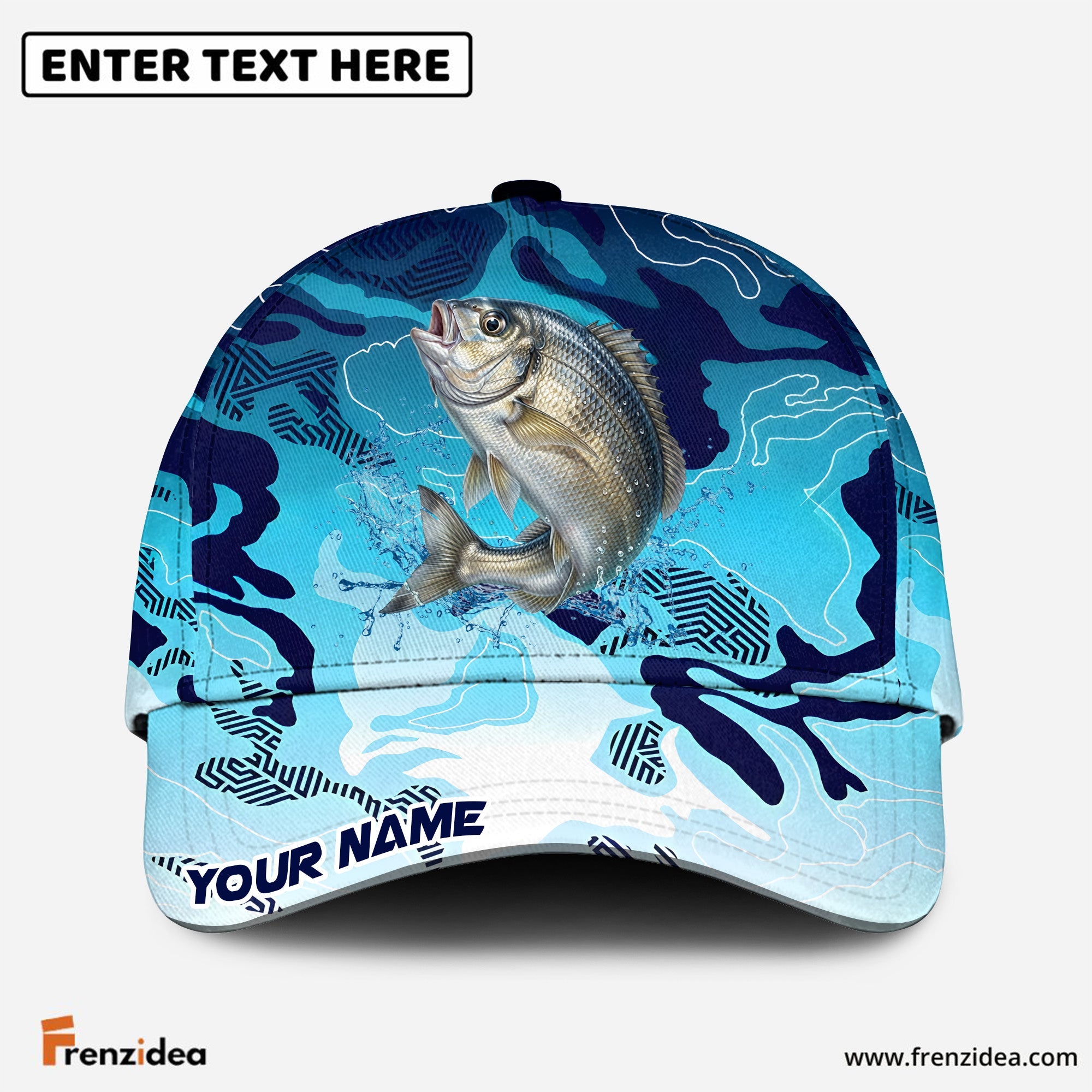(12 Breeds) Frenzidea Water Splash Camo Fishing Strike Customized Name 3D Cap