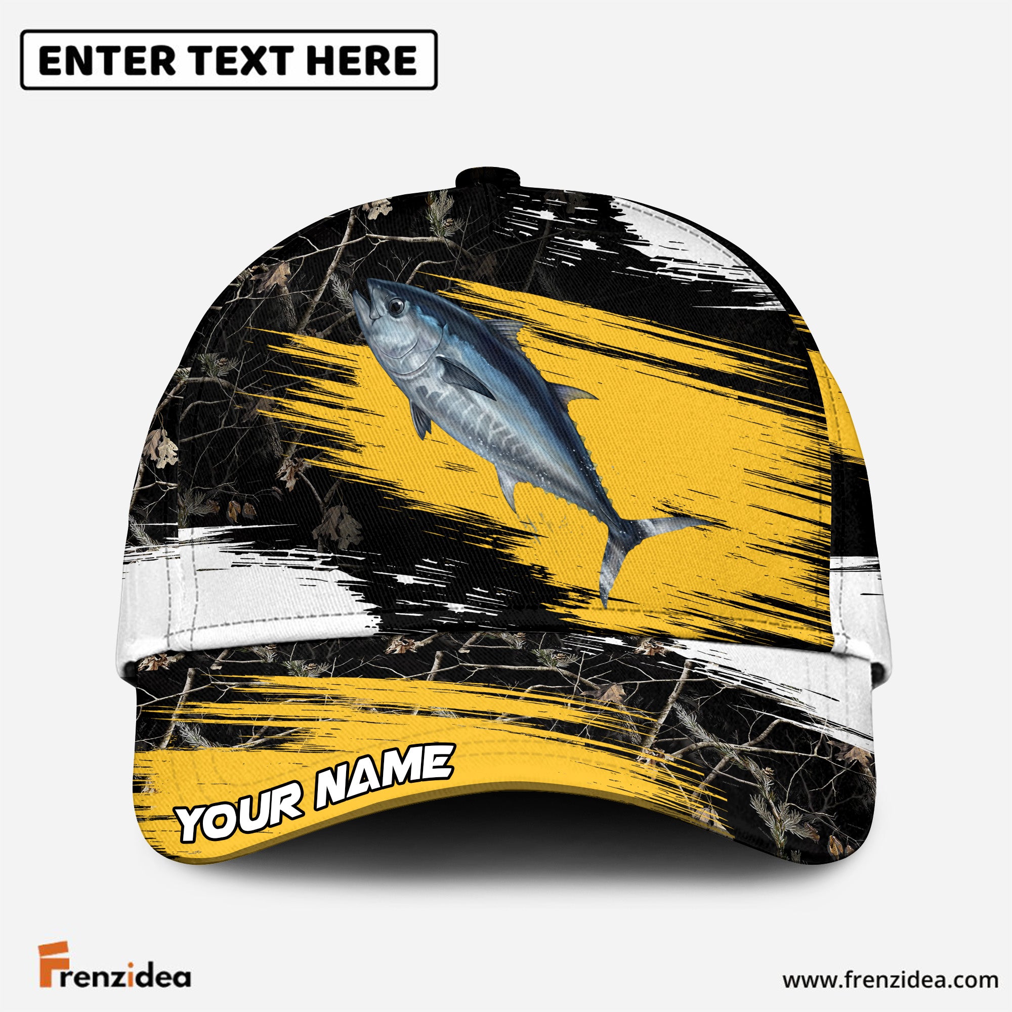 (12 Breeds) Frenzidea Dynamic Yellow Stripe Fishing Customized Name 3D Cap