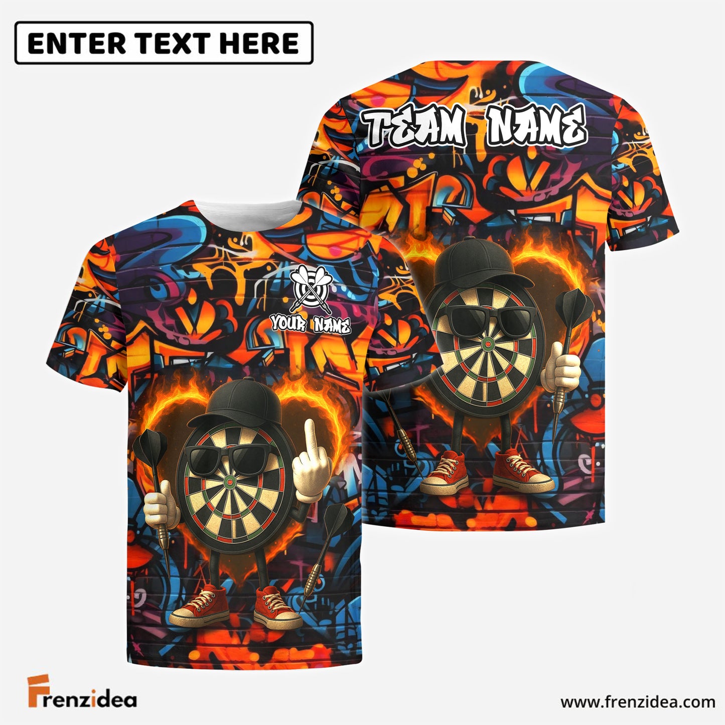 Frenzidea Darts Flaming Dartboard Attitude Graffiti Pattern Personalized Name, Team Name Shirt (4 Colors)