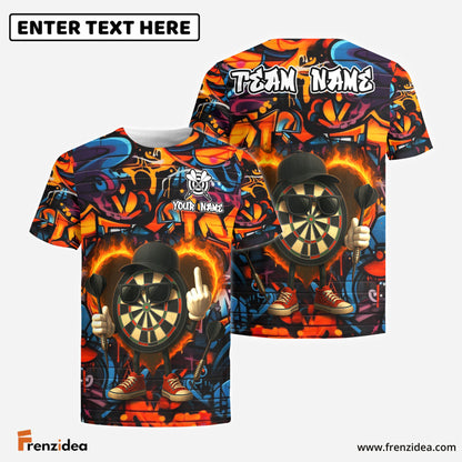 Frenzidea Darts Flaming Dartboard Attitude Graffiti Pattern Personalized Name, Team Name Shirt (4 Colors)