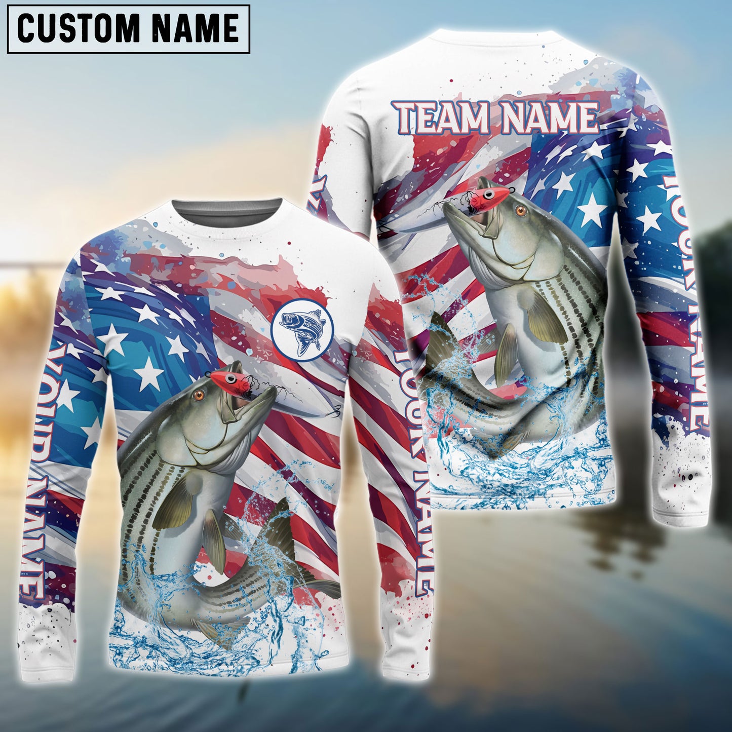 Frenzidea Striped Bass Fishing Watercolor USA Flag Custom Name & Team Name Shirts