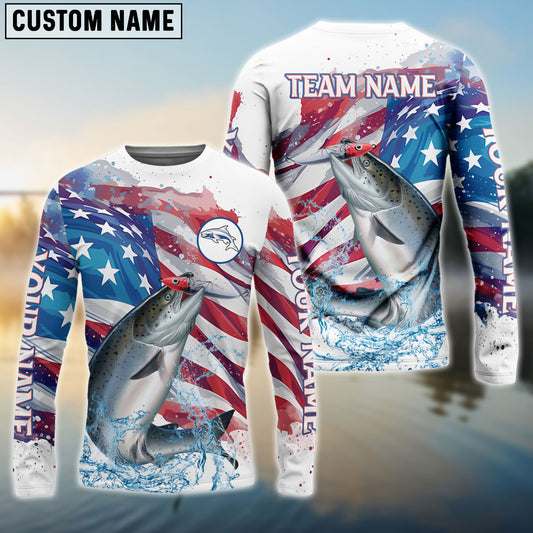 Frenzidea Salmon Fishing Watercolor USA Flag Custom Name & Team Name Shirts