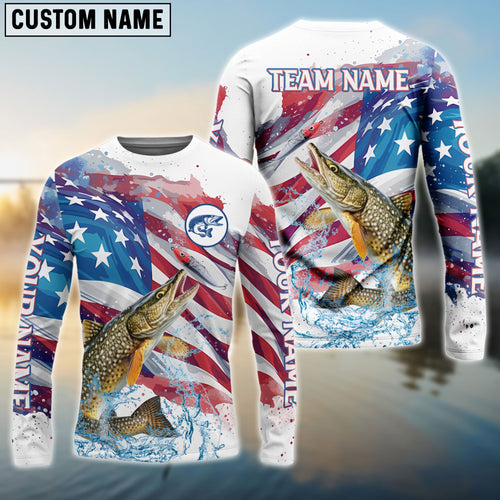 Frenzidea Pike Fishing Watercolor USA Flag Custom Name & Team Name Shirts