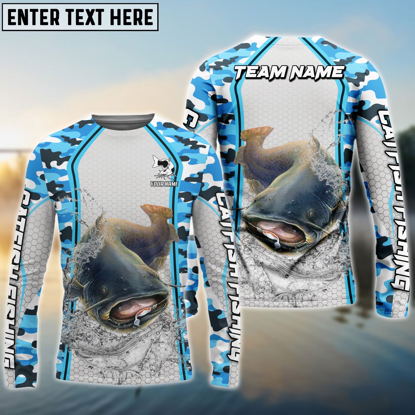 Frenzidea Catfish Fishing Light Blue Camo Sport Custom Name & Team Name 3D Shirts