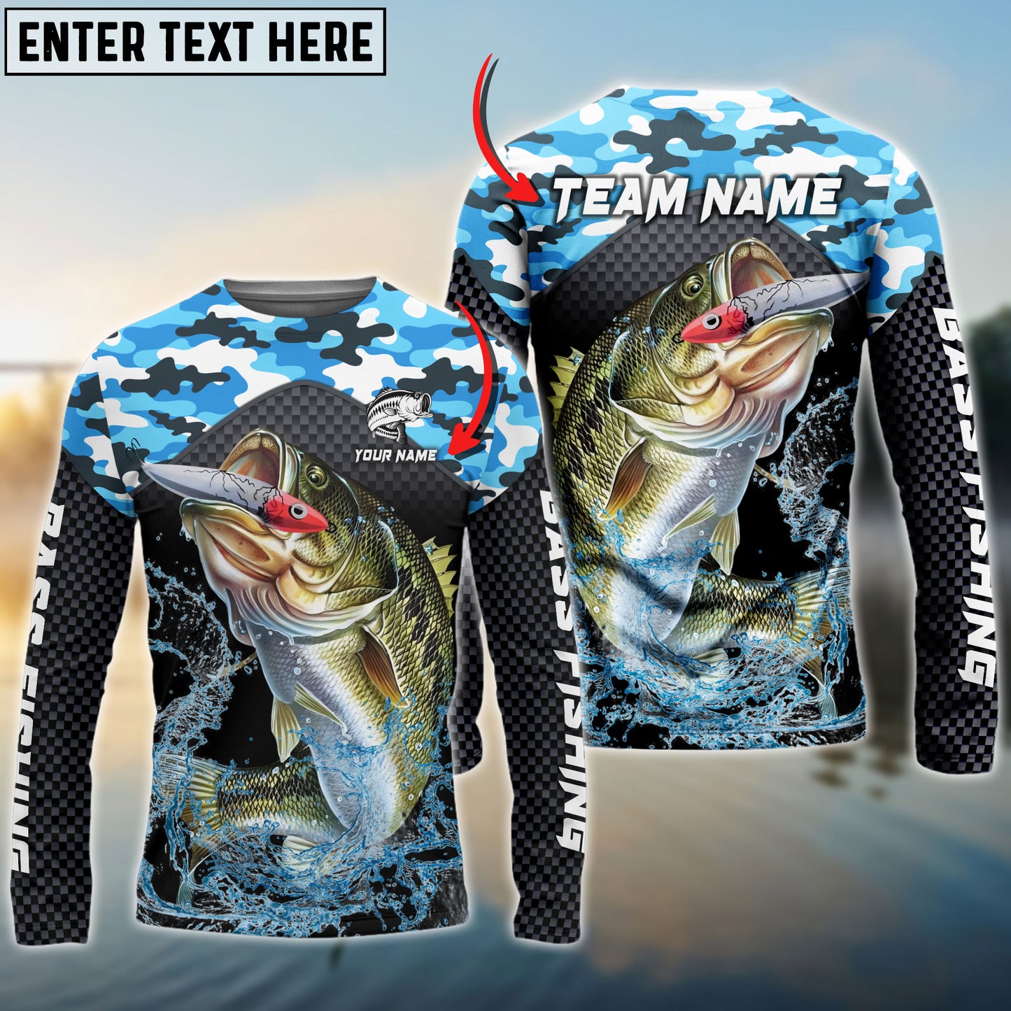 Frenzidea Bass Fishing Blue Camo Sport Custom Name & Team Name 3D Shirts