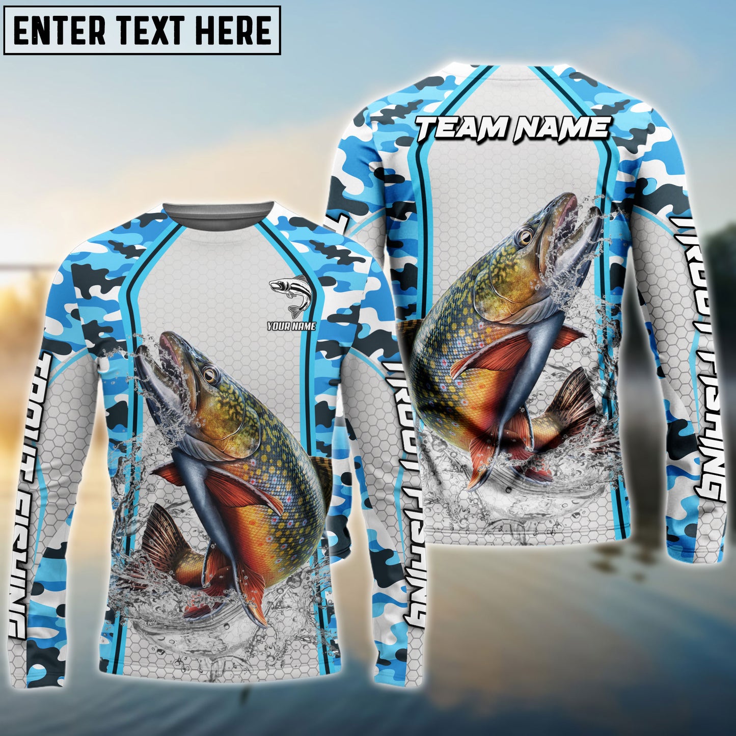 Frenzidea Trout Fishing Light Blue Camo Sport Custom Name & Team Name 3D Shirts