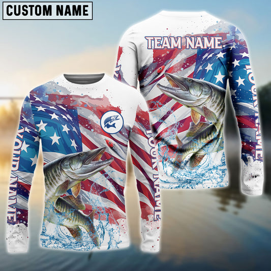 Frenzidea Musky Fishing Watercolor USA Flag Custom Name & Team Name Shirts