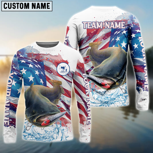 Frenzidea Catfish Fishing Watercolor USA Flag Custom Name & Team Name Shirts