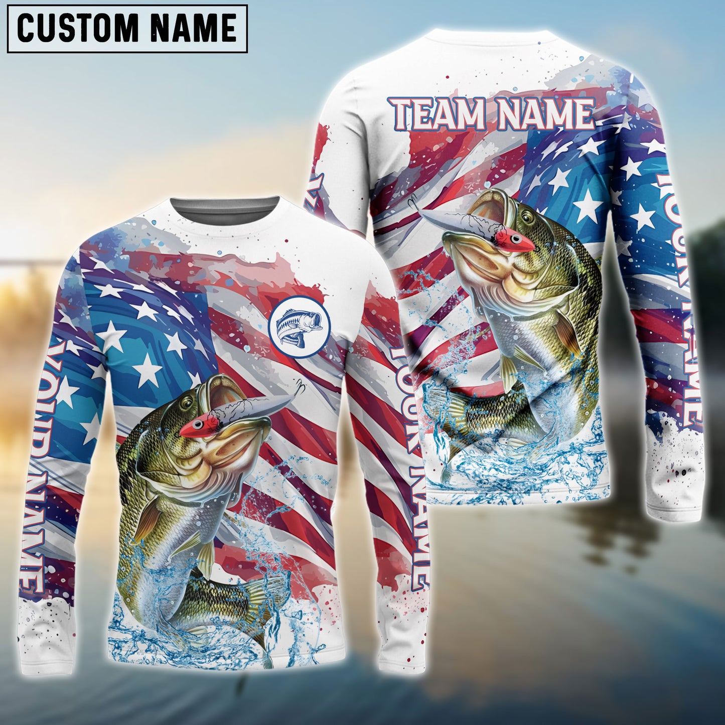 Frenzidea Bass Fishing Watercolor USA Flag Custom Name & Team Name Shirts