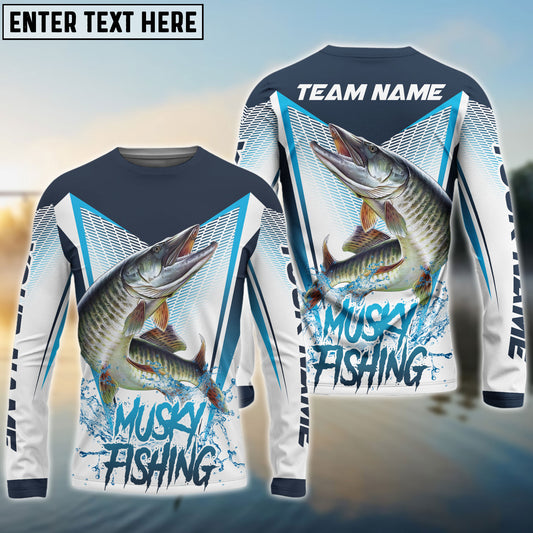 Frenzidea Musky Fishing White Blue Camo Sport Custom Name & Team Name 3D Shirts