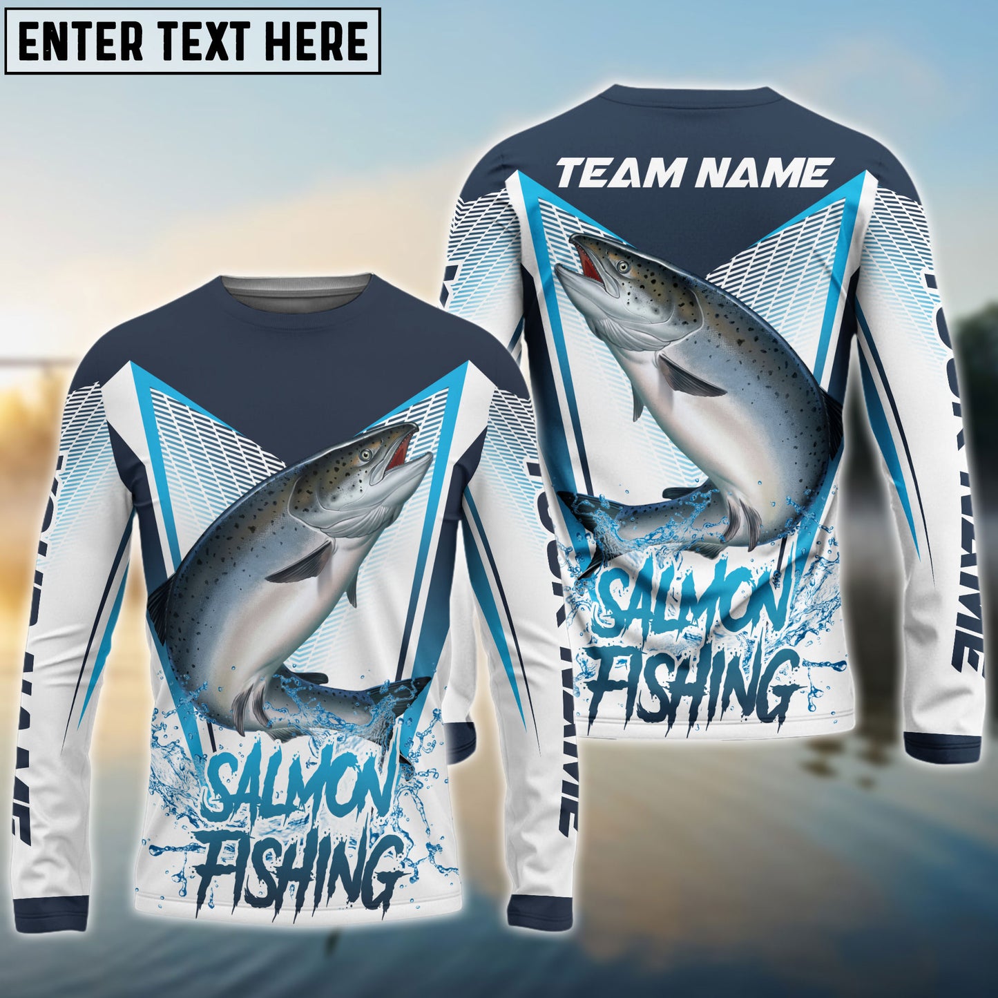 Frenzidea Salmon Fishing White Blue Camo Sport Custom Name & Team Name 3D Shirts