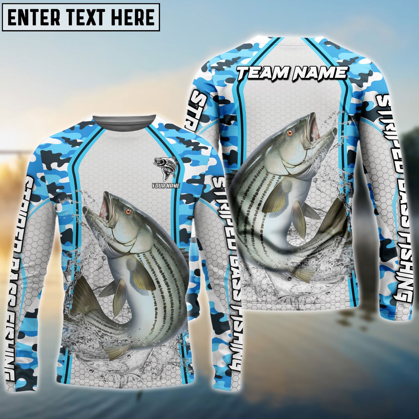 Frenzidea Striped Bass Fishing Light Blue Camo Sport Custom Name & Team Name 3D Shirts