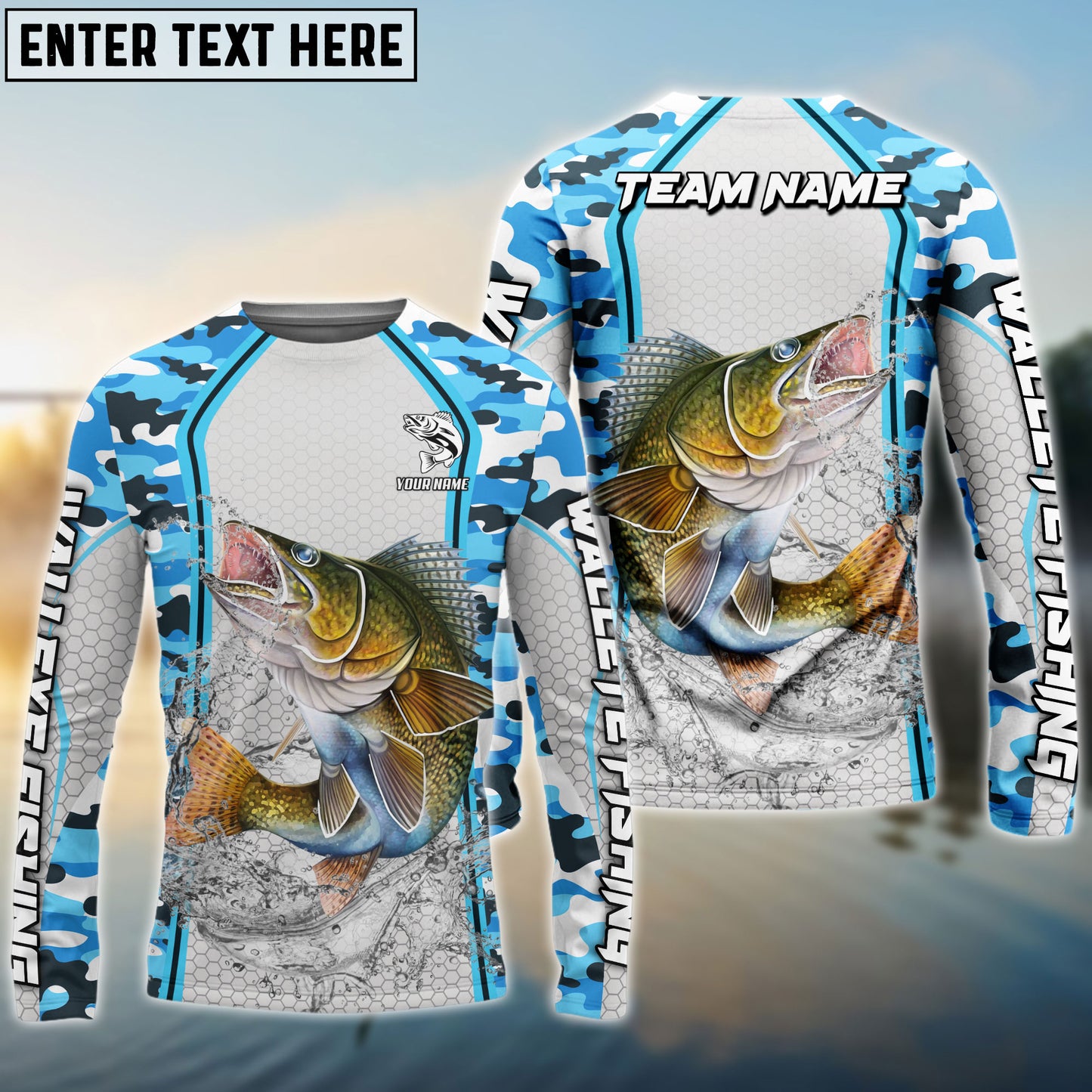 Frenzidea Walleye Fishing Light Blue Camo Sport Custom Name & Team Name 3D Shirts