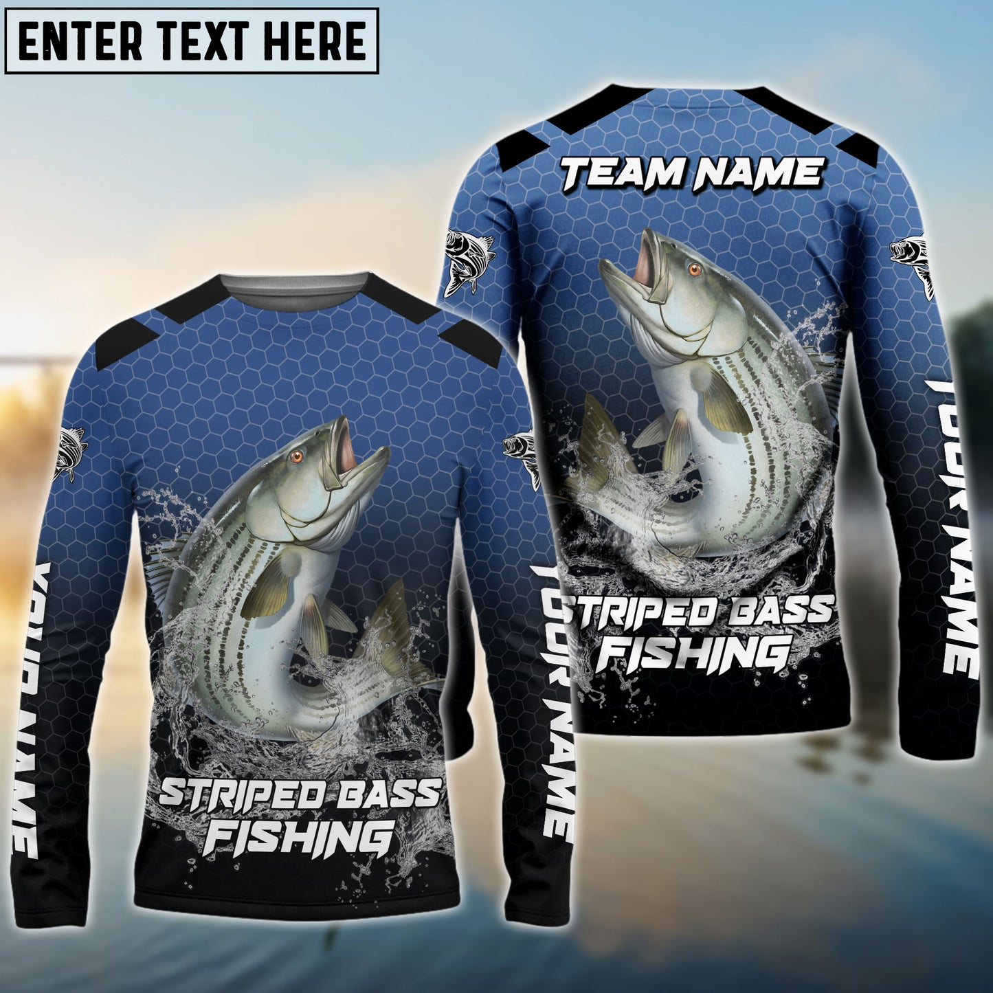 Frenzidea Striped Bass Fishing Navy Hexagon Sport Custom Name & Team Name 3D Shirts