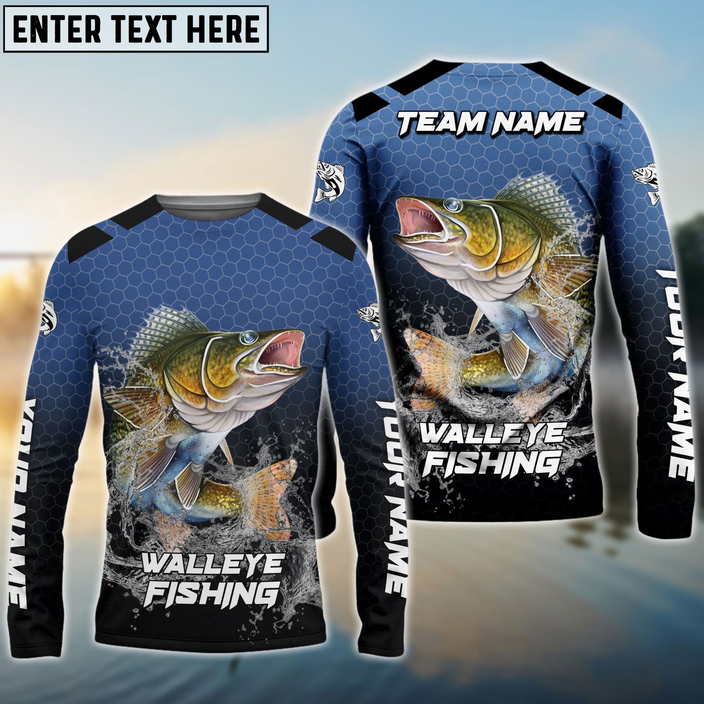 Frenzidea Walleye Fishing Navy Hexagon Sport Custom Name & Team Name 3D Shirts