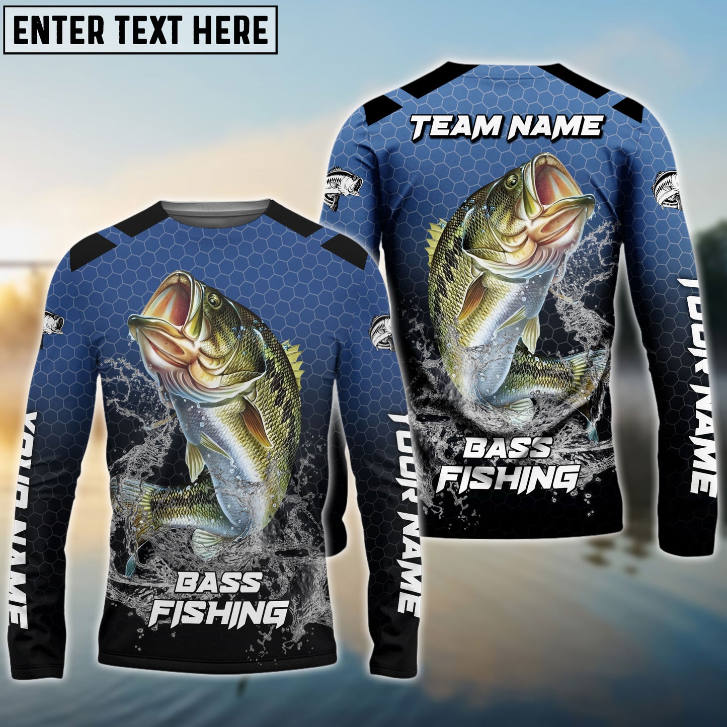 Frenzidea Bass Fishing Navy Hexagon Sport Custom Name & Team Name 3D Shirts