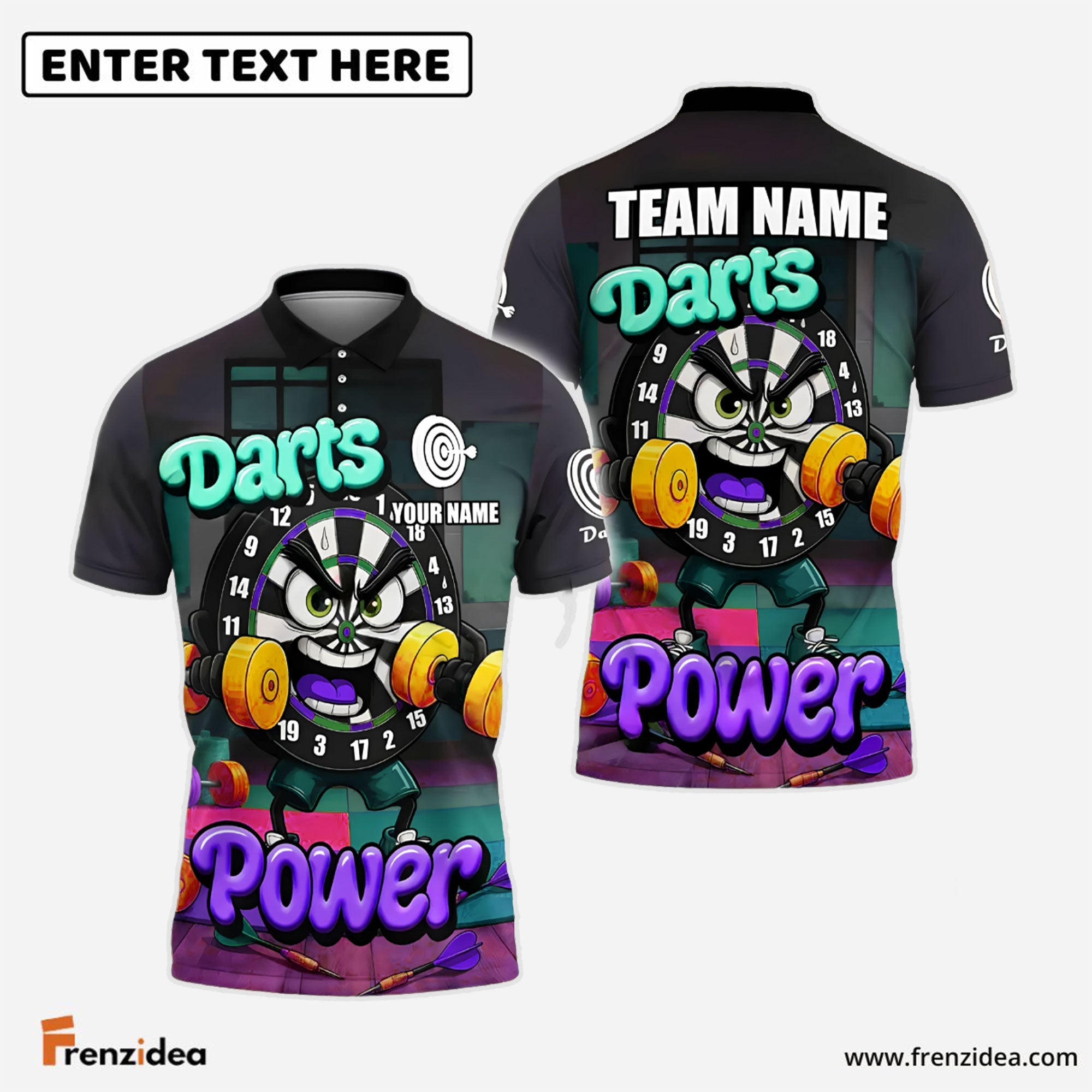 Frenzidea Darts Power Gym-Themed Cartoon Personalized Name, Team Name Shirt (4 Colors)