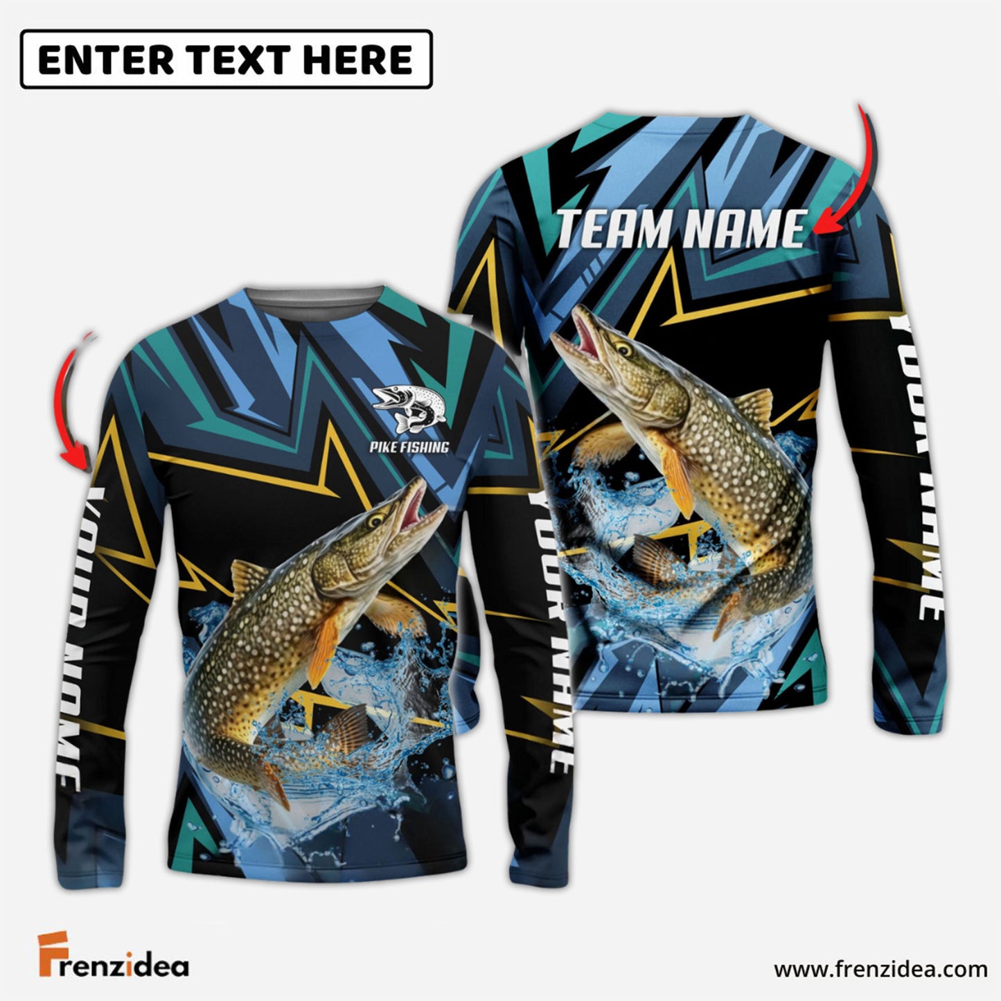 Frenzidea Pike Fishing Lightning Pattern Sport Custom Name & Team Name 3D Shirts