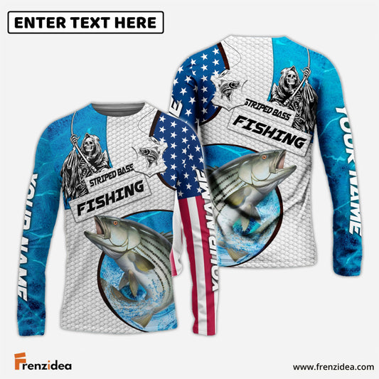 Frenzidea Customize Name Striped Bass Fishing Reaper Blue Water 3D Shirts
