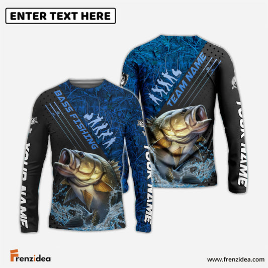 Frenzidea Bass Fishing Blue Camo Sport Rod Custom Name & Team Name 3D Shirts